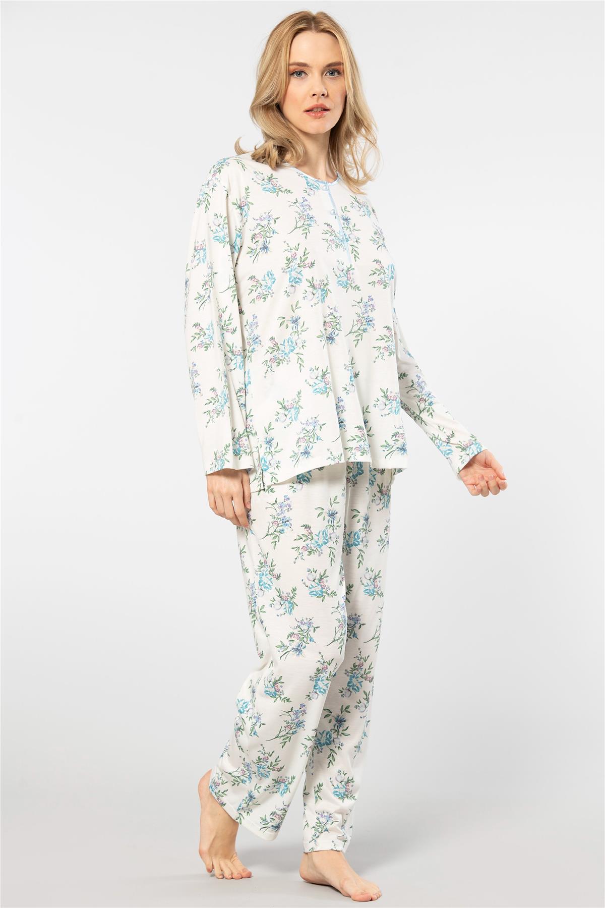 Türen 3388 Kadın Battal Çiçekli Patlı Uzun Kollu Pijama Takımı-Mavi