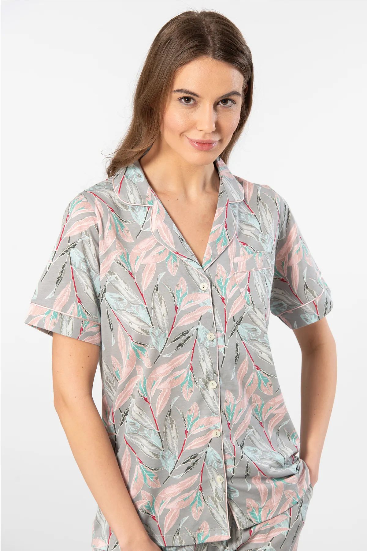 Türen 3395 Kadın Kısa Kollu Gömlek Pijama Takım-Gri