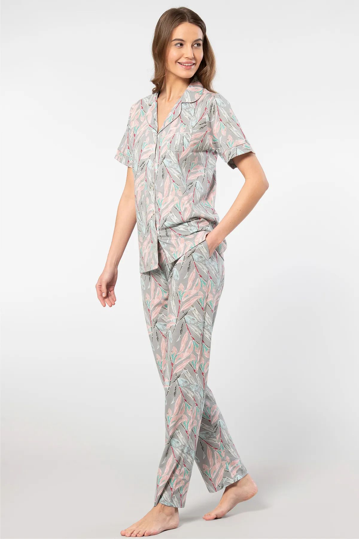 Türen 3395 Kadın Kısa Kollu Gömlek Pijama Takım-Gri