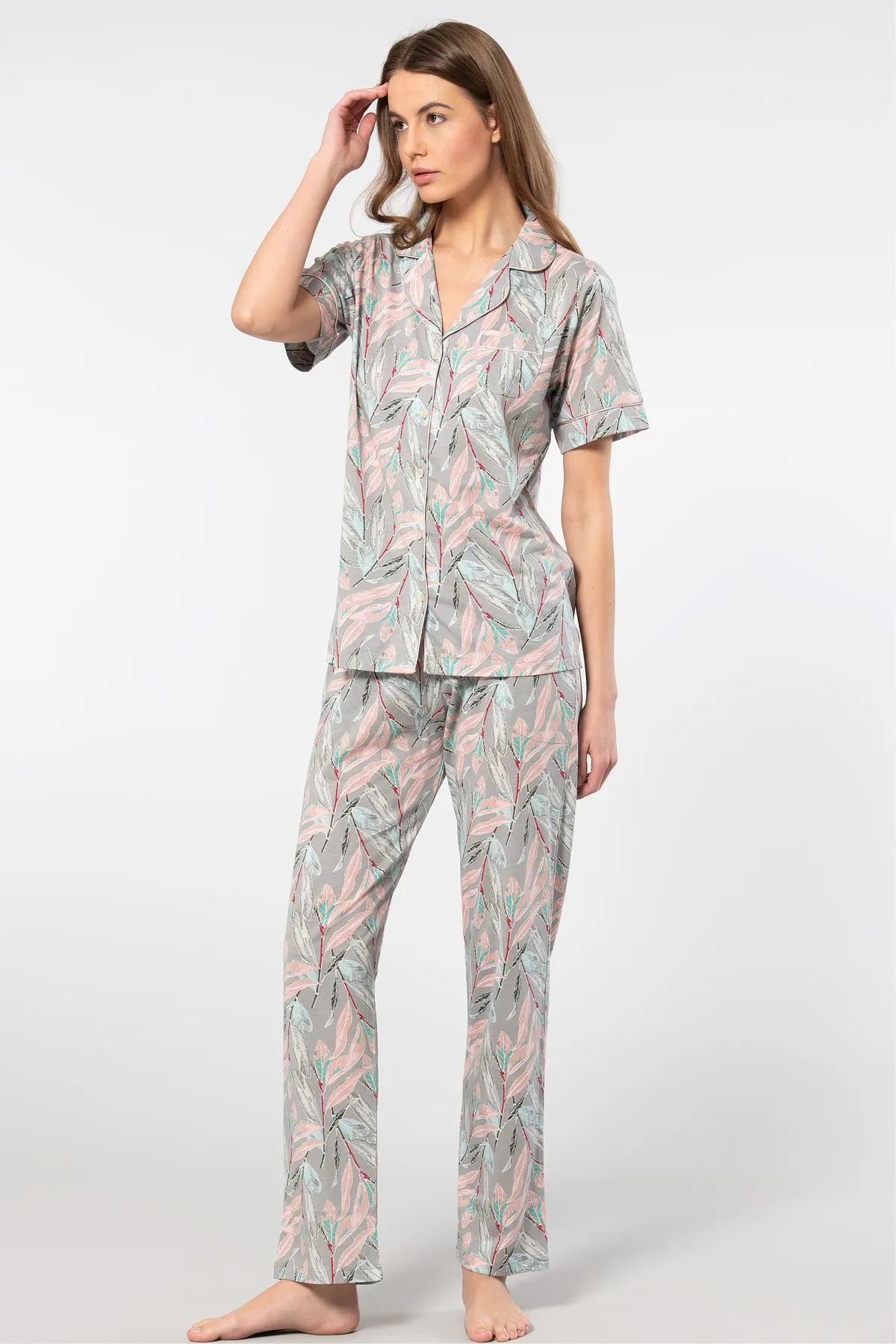 Türen 3395 Kadın Kısa Kollu Gömlek Pijama Takım-Gri