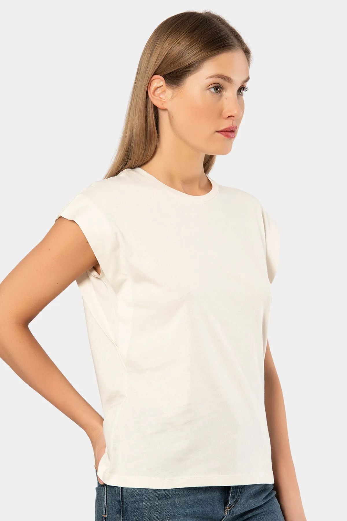 Türen 3401 Kadın Vatka Görünümlü T-shirt-Bej