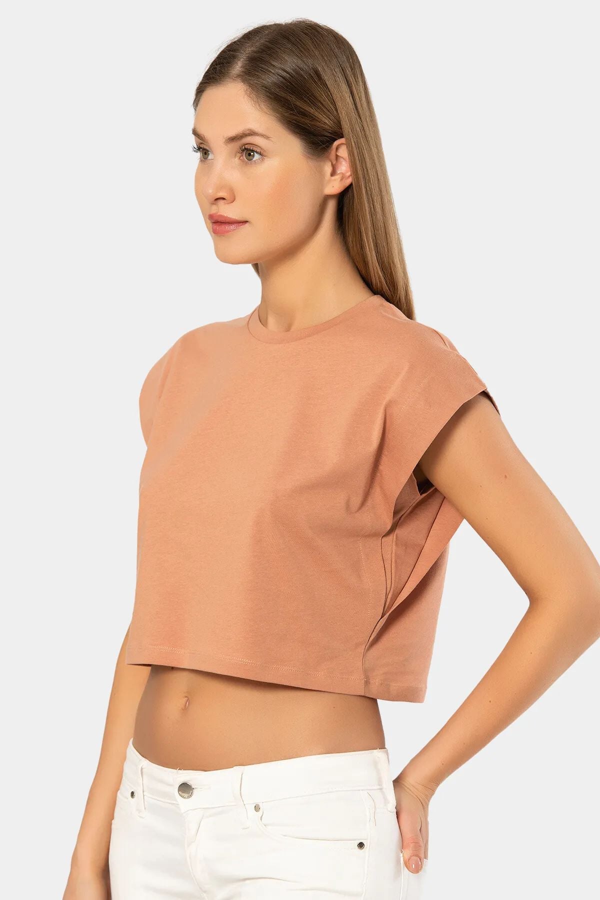 Türen 3402 Kadın Vatka Görünümlü Crop T-shirt-Somon