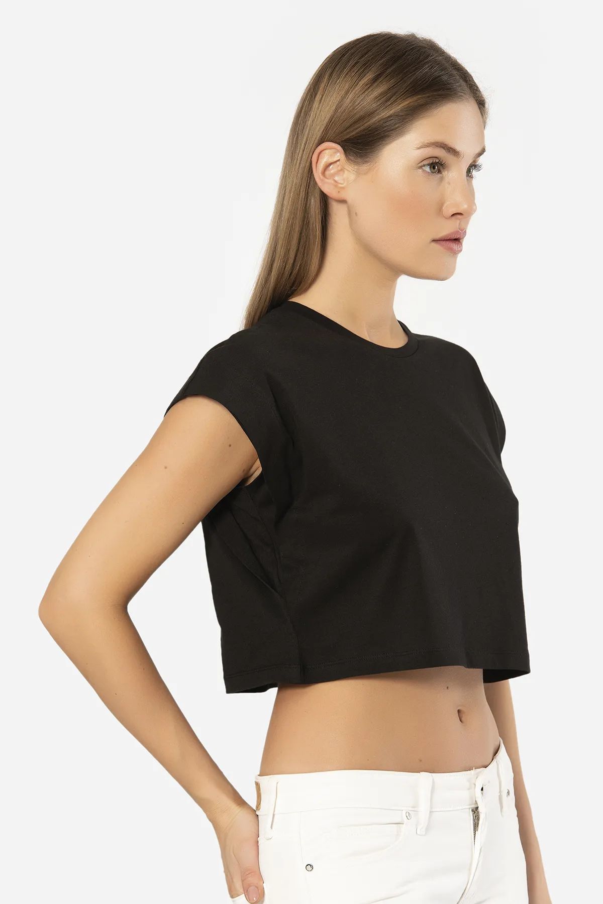 Türen 3402 Kadın Vatka Görünümlü Crop T-shirt-Siyah
