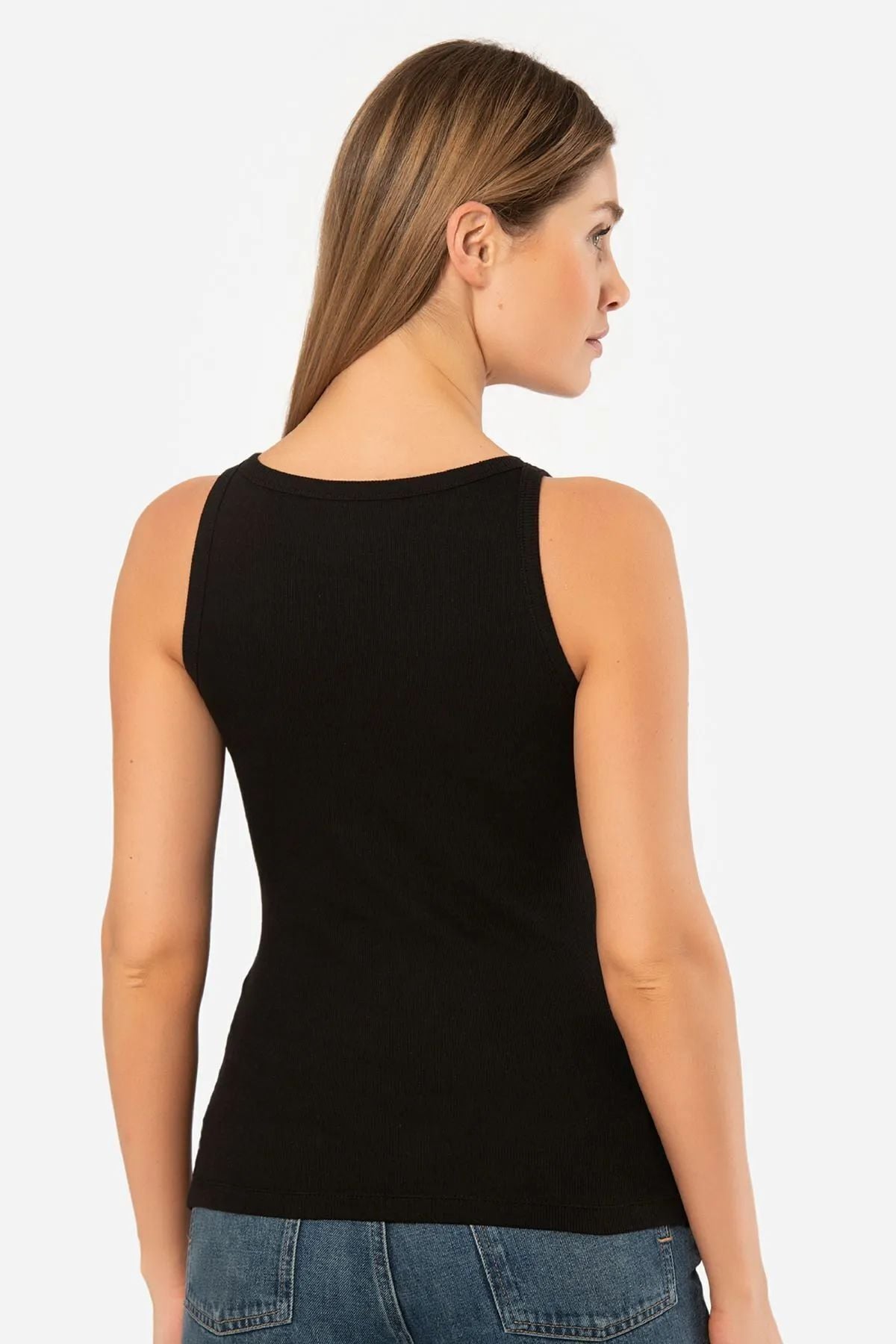 Türen 3403 Kadın Halter Yaka Fitilli Atlet T-Shirt-Siyah