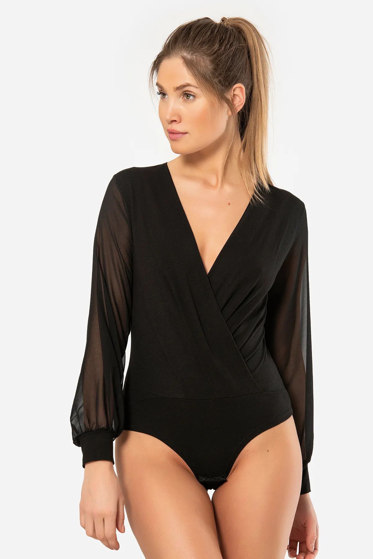 Türen 3501 Kadın Kruvaze Yaka Uzun Şifon Kollu Çıtçıtlı Body-Siyah