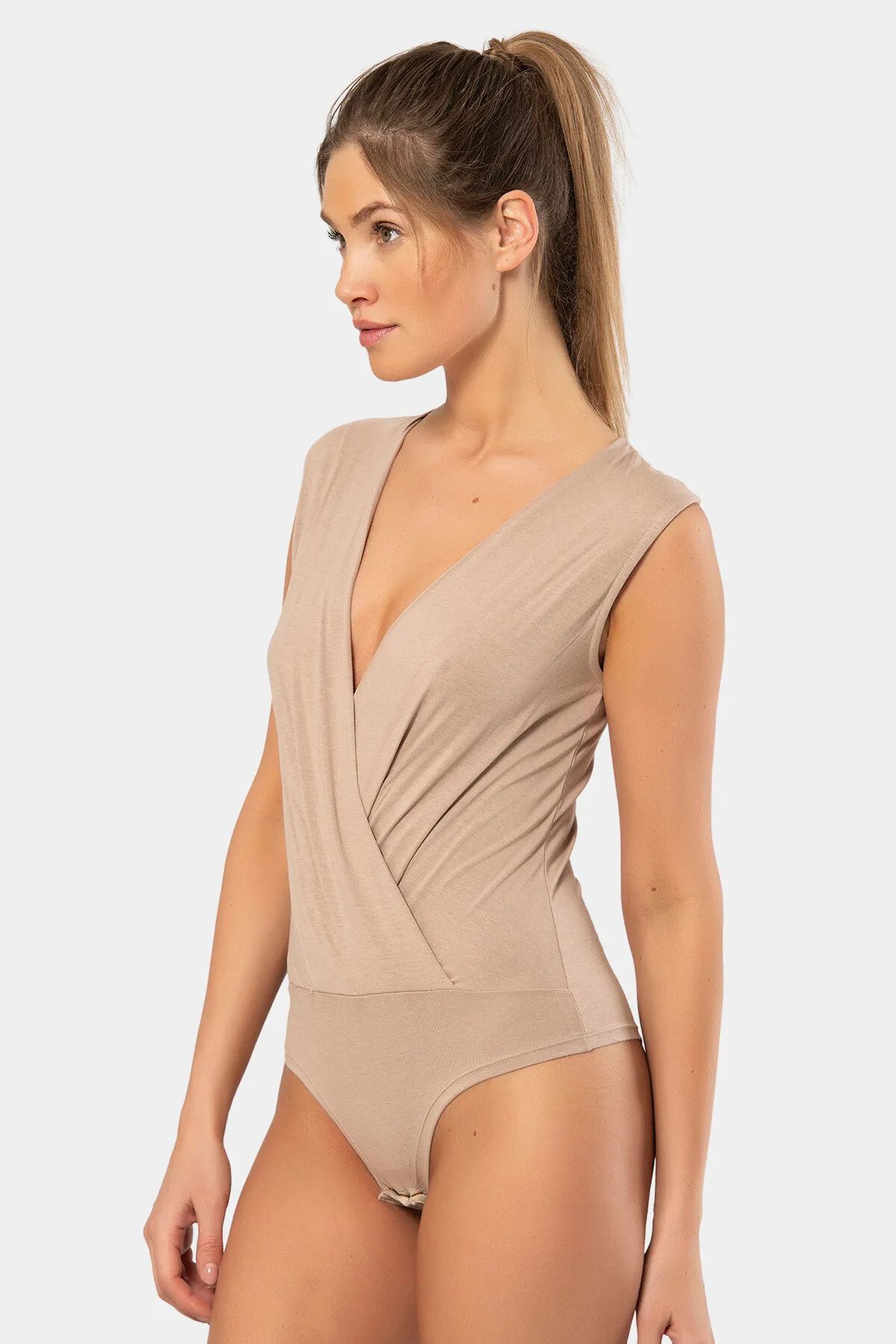 Türen 3502 Kadın Kruvaze Yaka Kalın Askılı Çıtçıtlı Body-Vızon