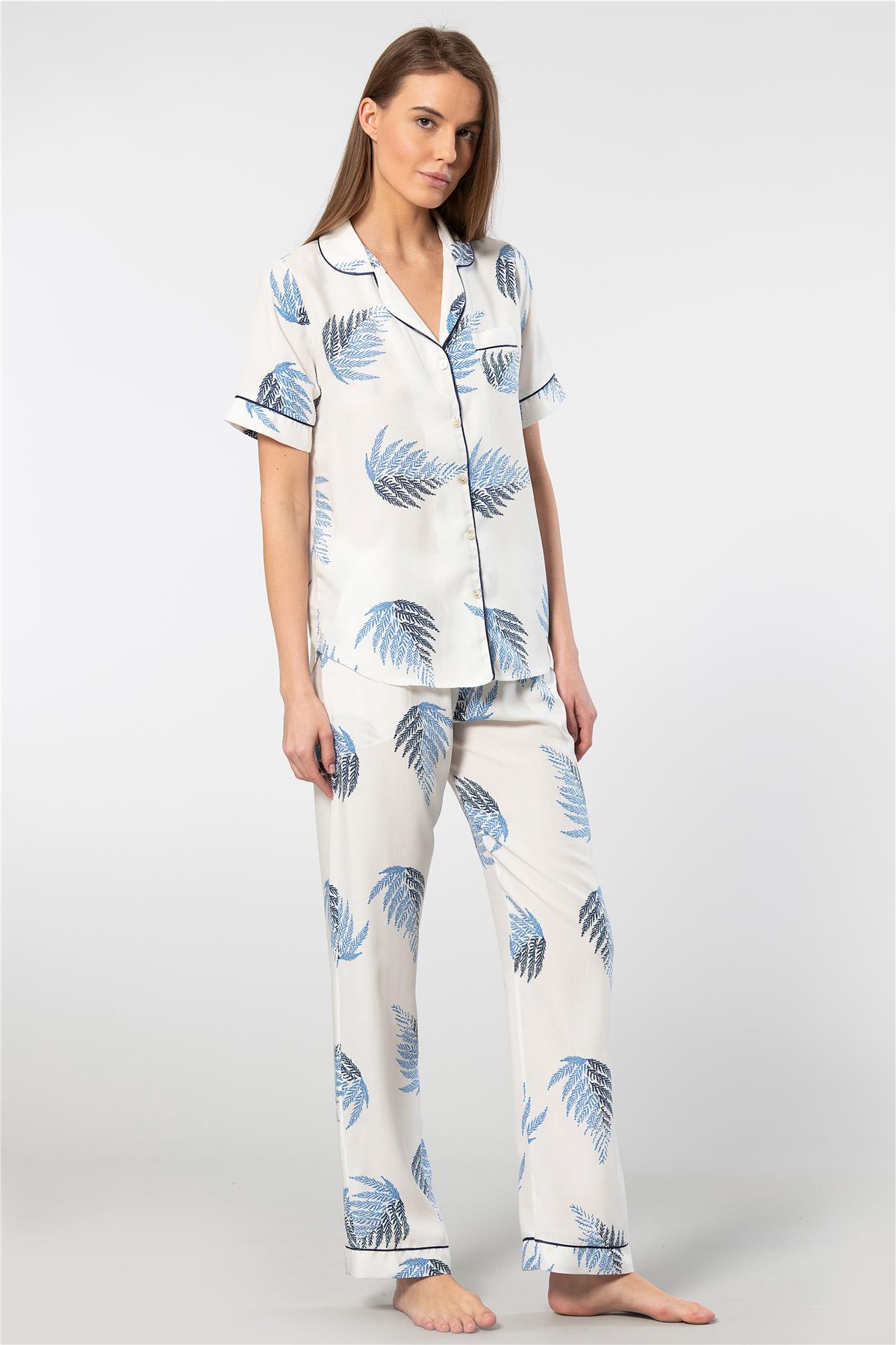 Türen 3604 Kadın Kısa Kollu Dokuma Gömlek Pijama Takım-Ekru