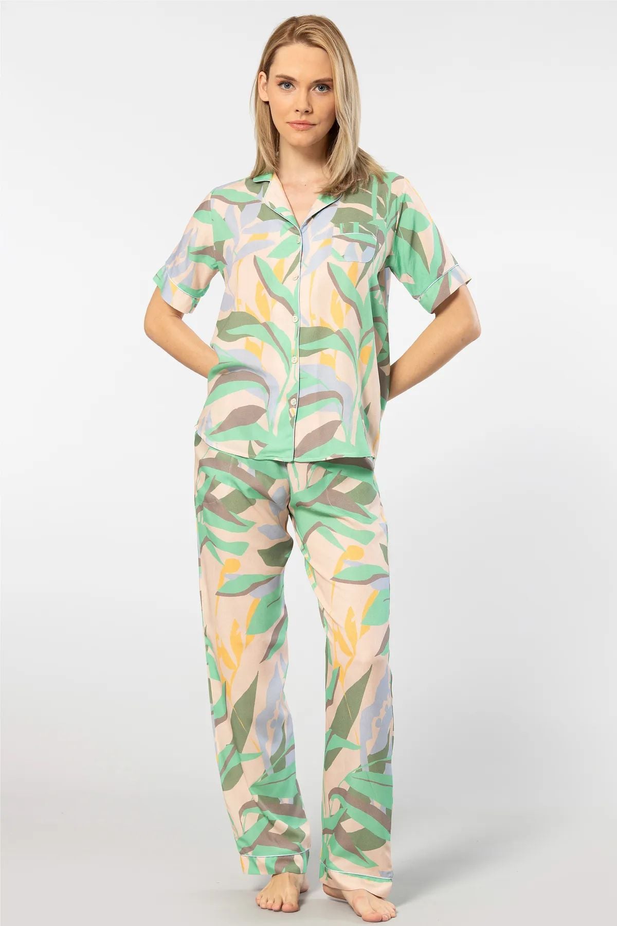 Türen 3604 Kadın Kısa Kollu Dokuma Gömlek Pijama Takım-Yeşil