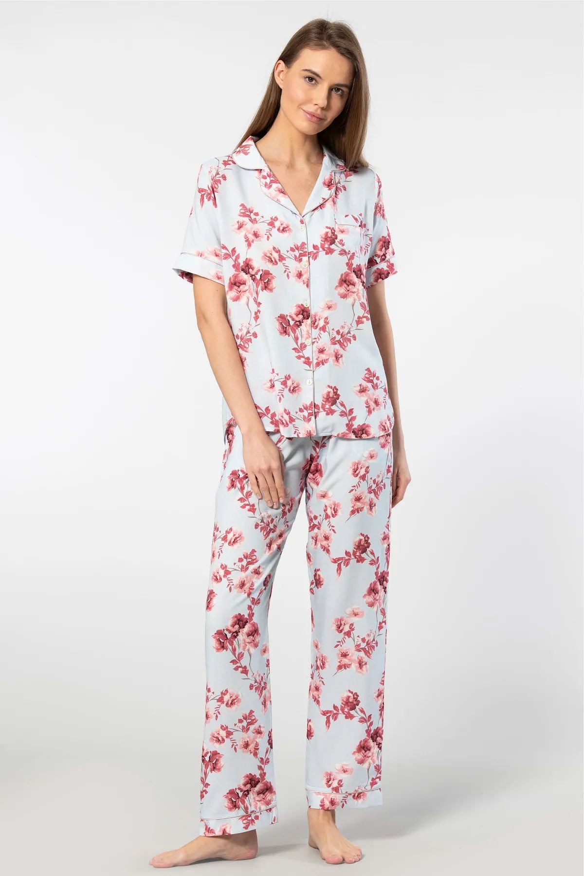 Türen 3604 Kadın Kısa Kollu Dokuma Gömlek Pijama Takımı-Mavi