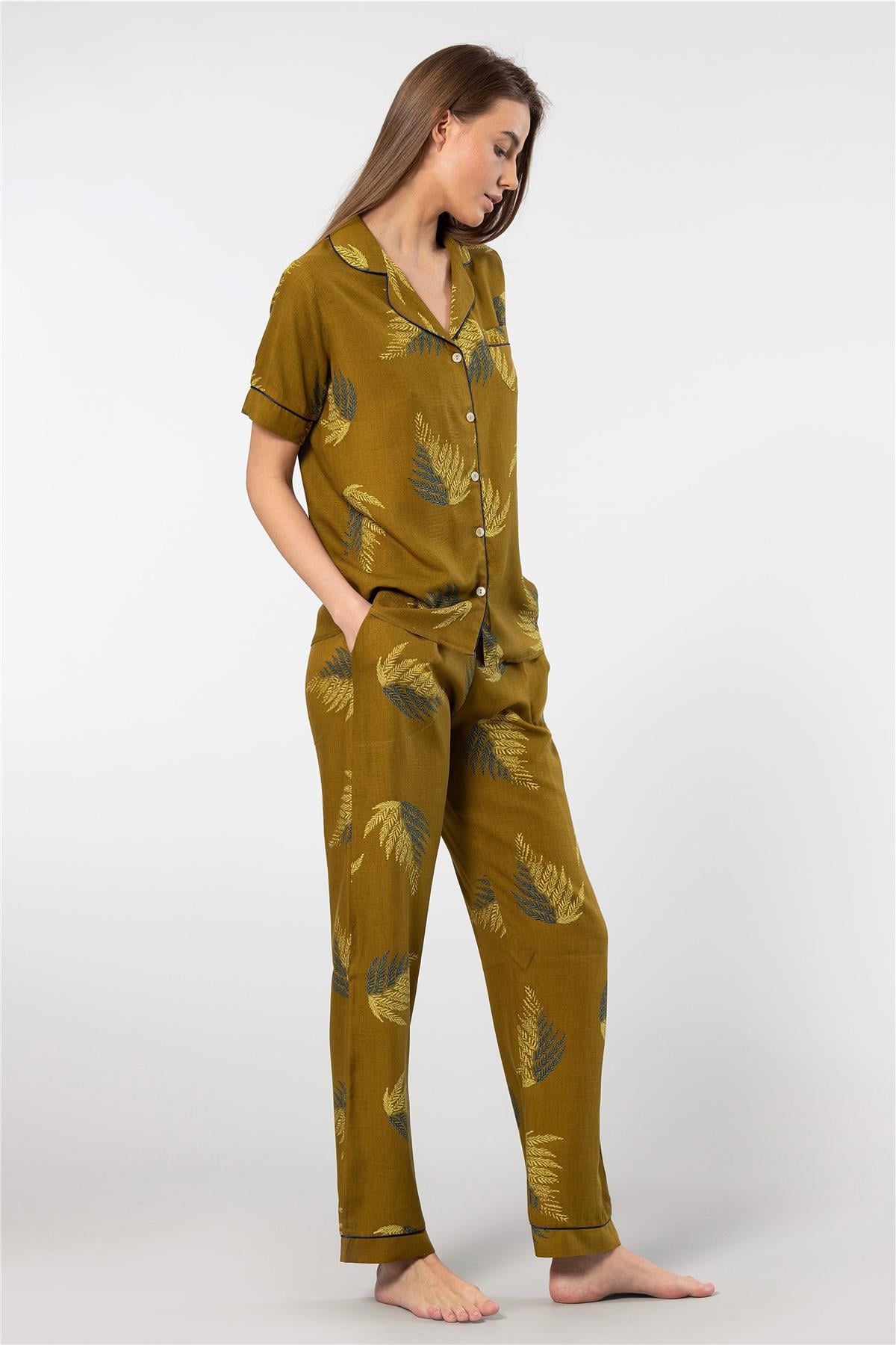 Türen 3604 Kadın Kısa Kollu Dokuma Gömlek Pijama Takım-Haki