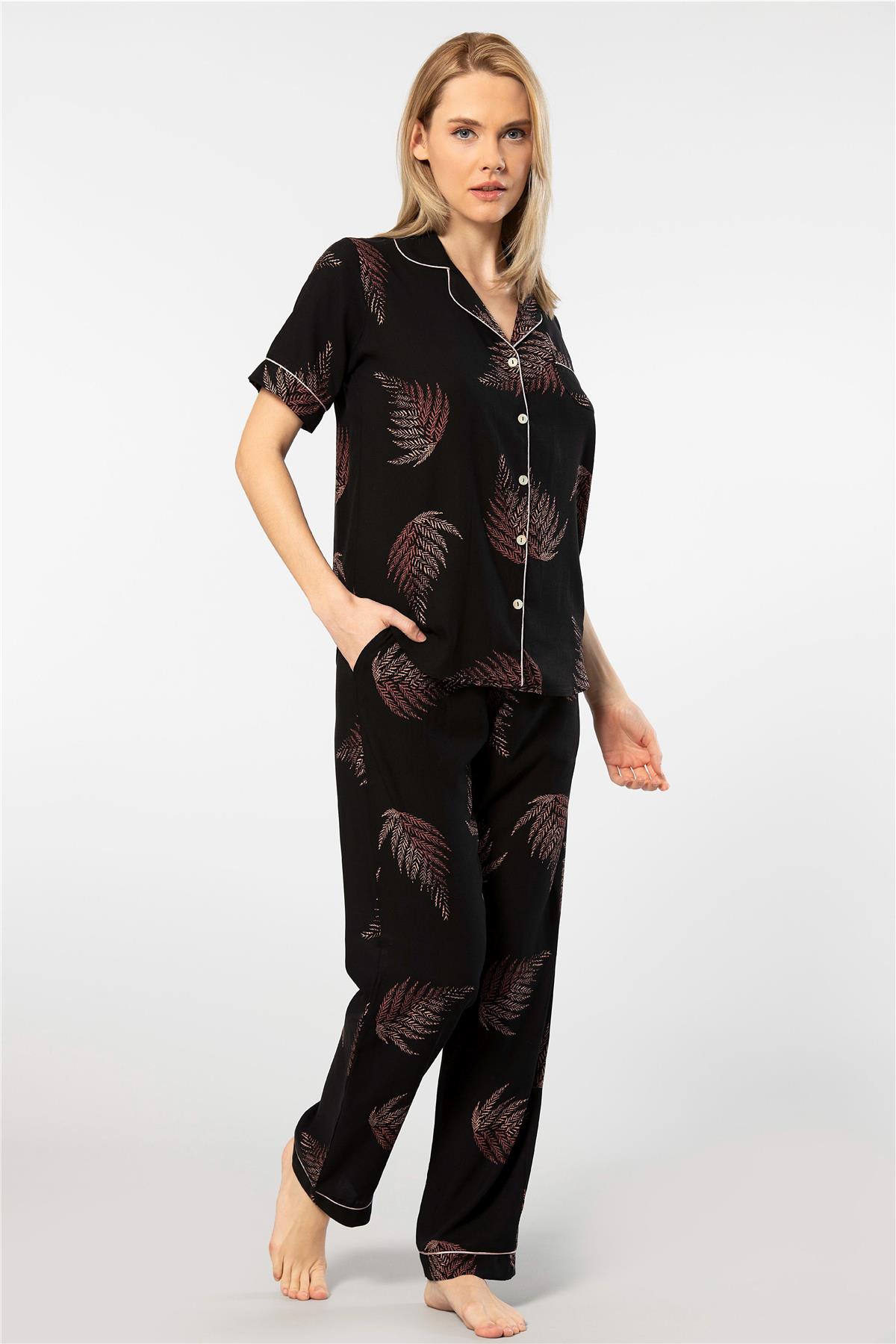 Türen 3604 Kadın Kısa Kollu Dokuma Gömlek Pijama Takım-Siyah