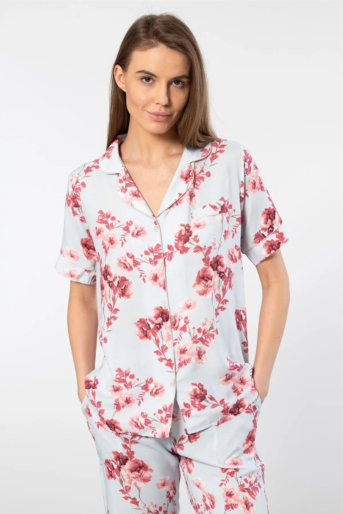 Türen 3604 Kadın Kısa Kollu Dokuma Gömlek Pijama Takımı-Mavi