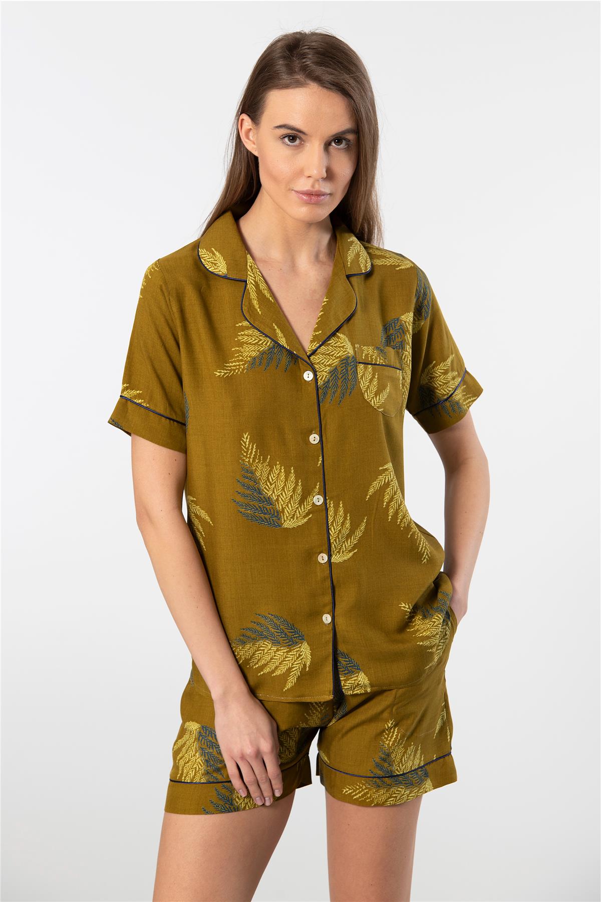 Türen 3605 Kadın Kısa Kollu Şortlu Gömlek Pijama Takım-Haki