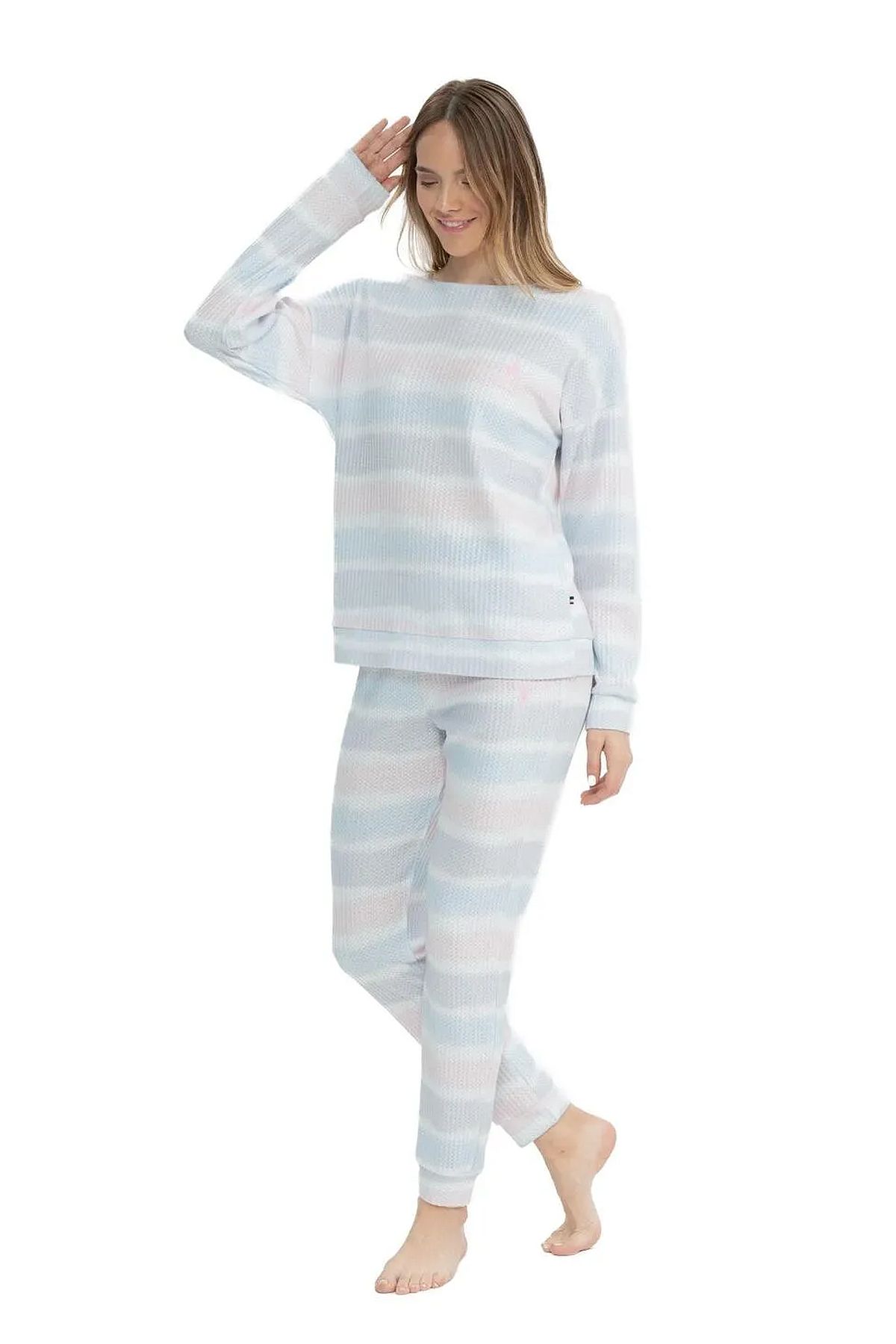 U.s Polo Assn. 17095 Kadın Delikli Polar Waffle Baskılı Uzun Kollu  Paçası Lastikli Rahat Ev Giyim-Baskılı