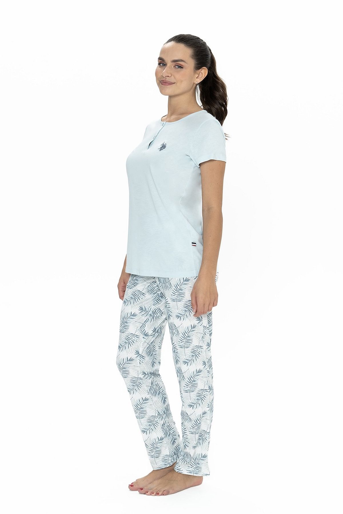 U.s Polo Assn. 20088 Kadın Kısa Kollu Yakası Yarım Düğmeli Pijama Takımı-Mavi