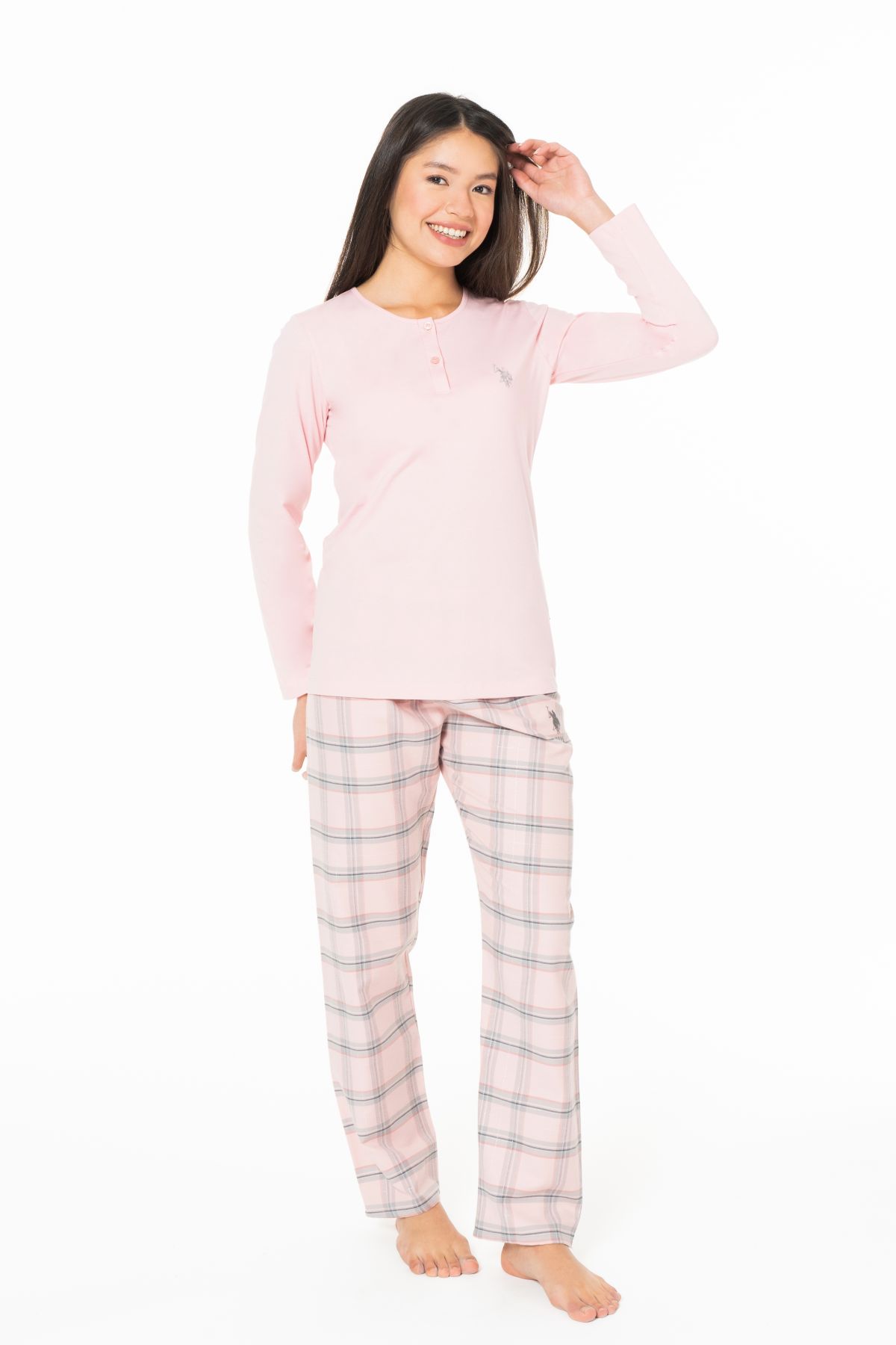 U.s Polo Assn. 20169 Kadın Uzun Kollu Düğmeli Bisiklet Yaka Pijama Takımı-Pembe