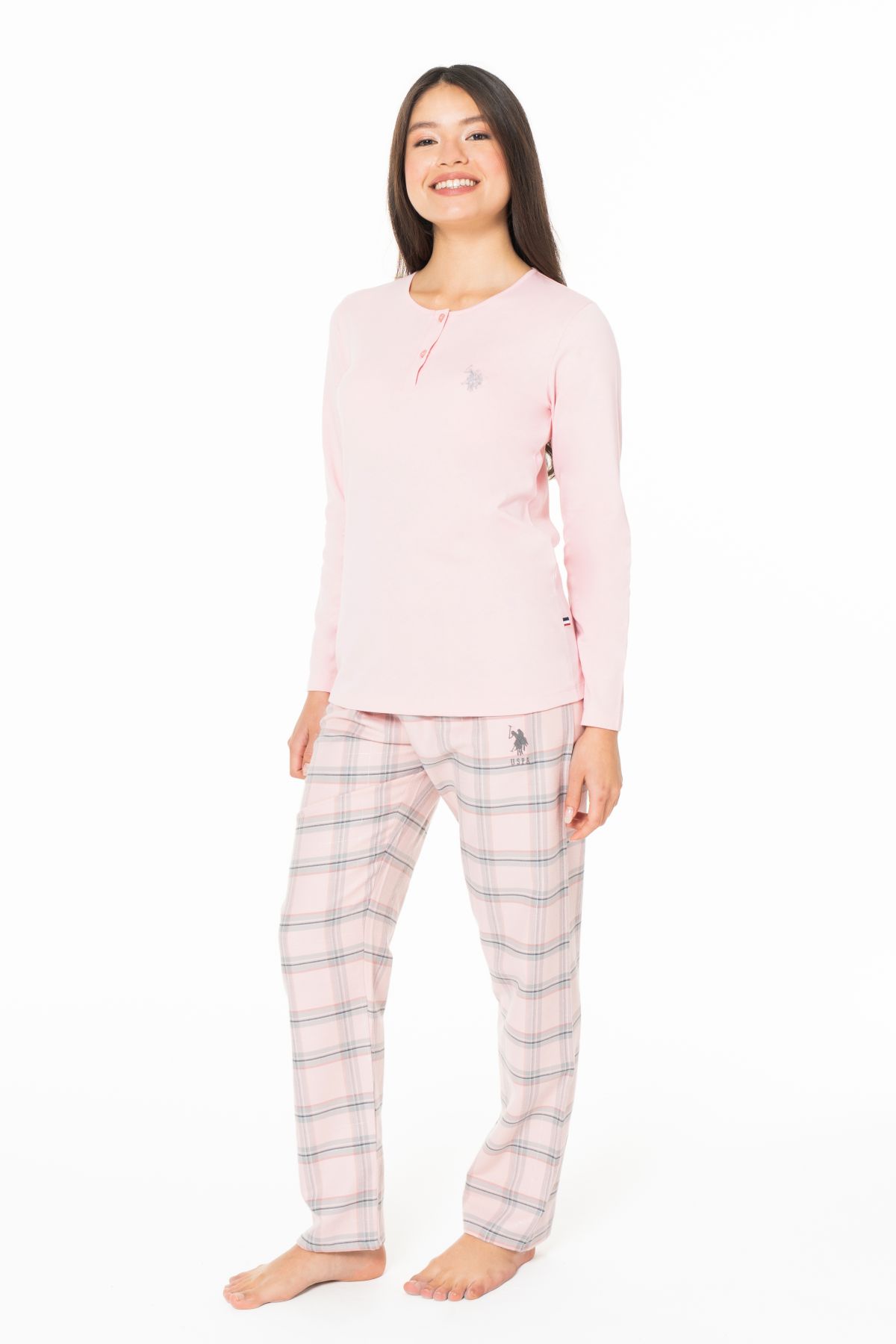 U.s Polo Assn. 20169 Kadın Uzun Kollu Düğmeli Bisiklet Yaka Pijama Takımı-Pembe