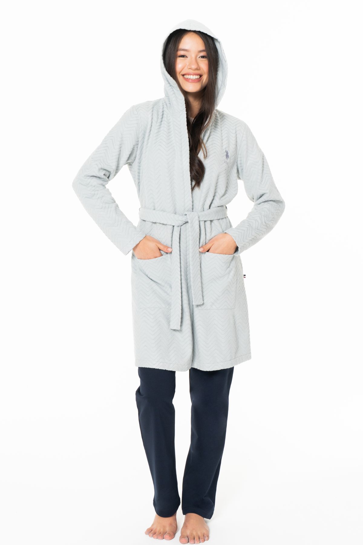 U.s Polo Assn. 20127 Kadın İnce Polar Uzun Kollu Kapişonlu Sabahlık-Gri