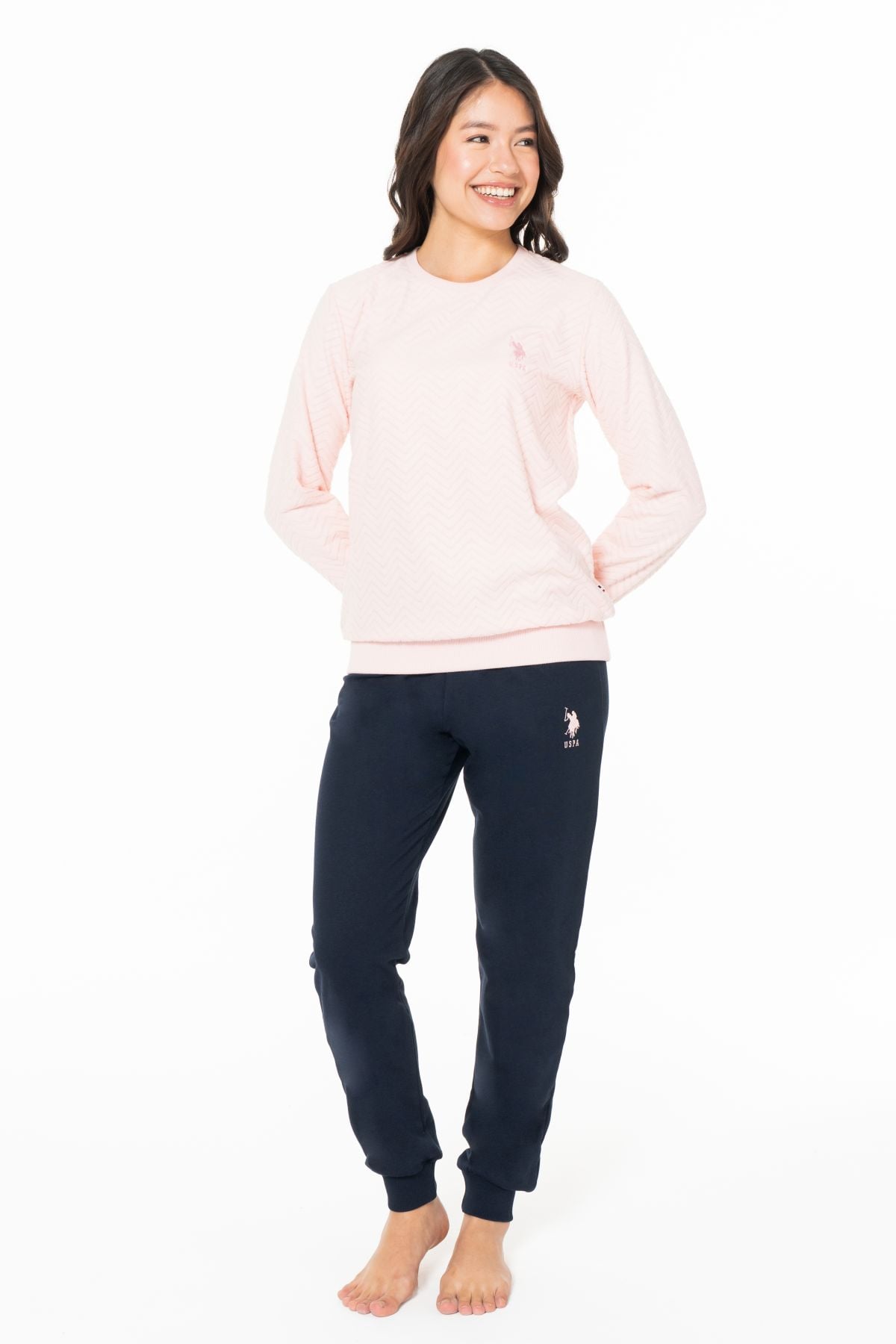 U.s Polo Assn. 20125 Kadın İnce Polar Uzun Kollu Bisiklet Yaka Paçası Bantlı Rahat Ev Giyim-Pembe