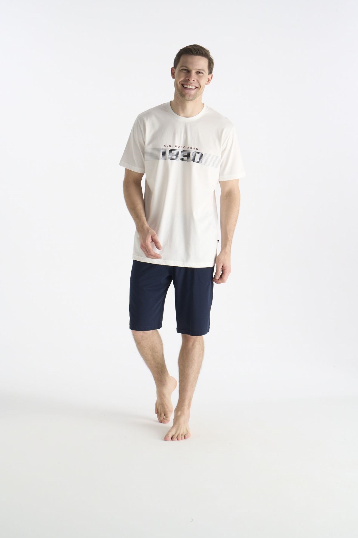 U.s Polo Assn. 19019B Erkek Kısa Kollu Bisiklet Yaka Şortlu Pijama Takımı-Ekru