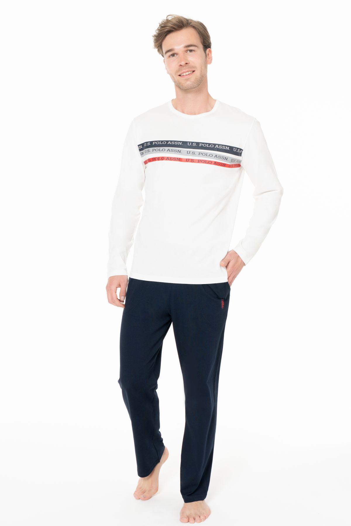 U.s Polo Assn. 18947 Erkek Uzun Kollu Bisiklet Yaka Pijama Takımı-Ekru