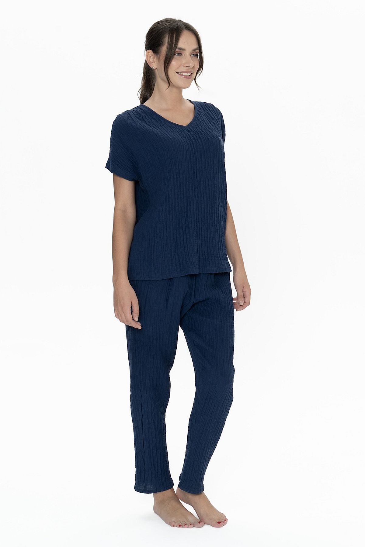 U.s Polo Assn. 20015 Kadın Muslin Kumaş Kısa Kollu V Yaka Pijama Takım-Lacivert