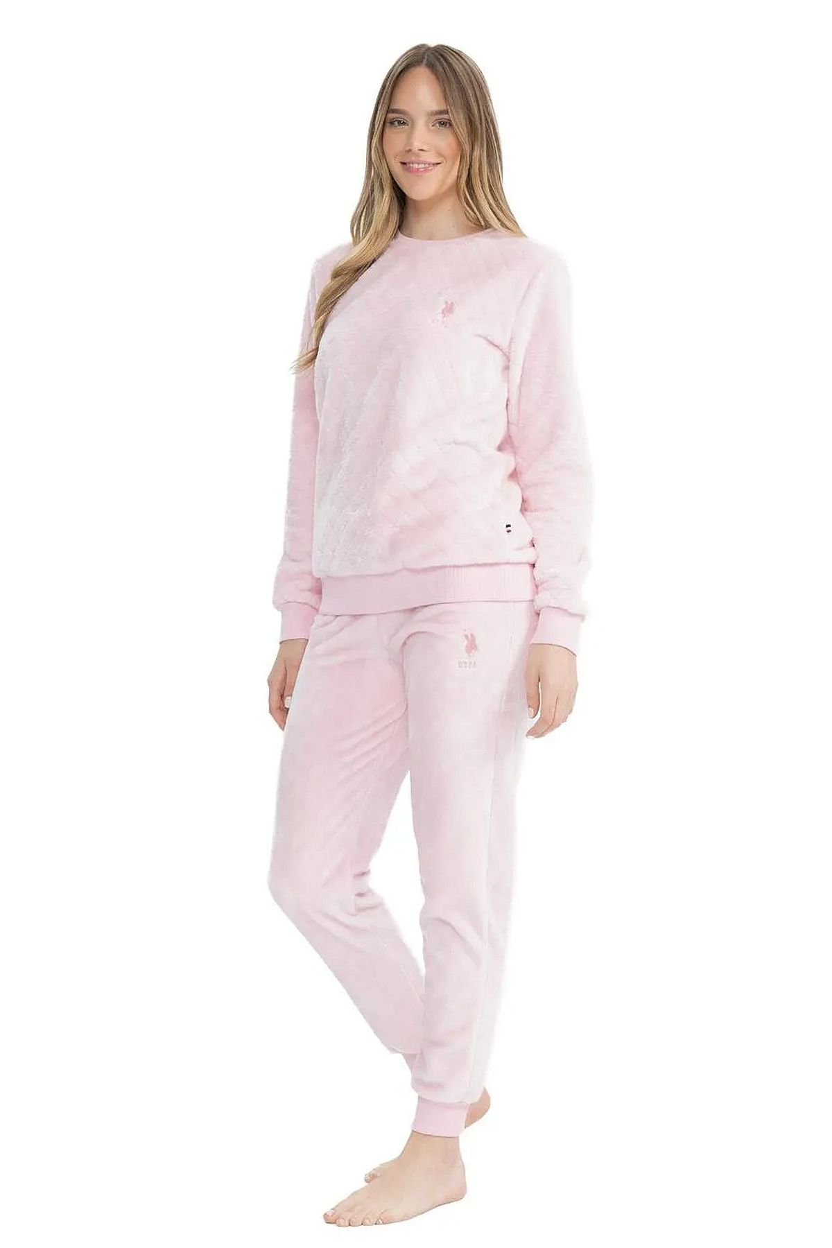 U.s Polo Assn. 17080 Kadın Uzun Kollu Welsoft Paçası Lastikli Pijama Takım-Pembe