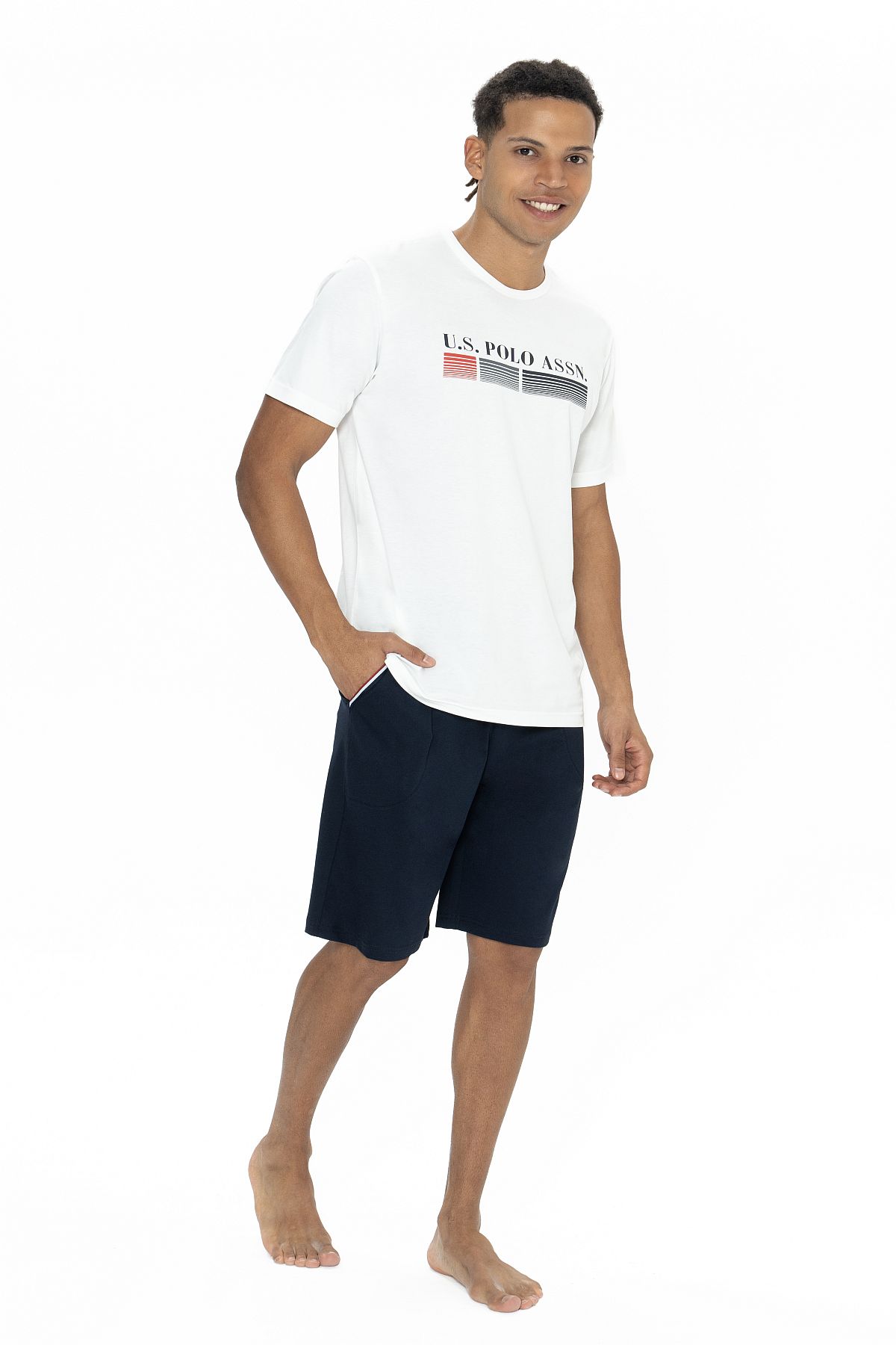 U.s Polo Assn. 18871 Erkek Kısa Kollu Bisiklet Yaka Şortlu Pijama Takımı-Ekru