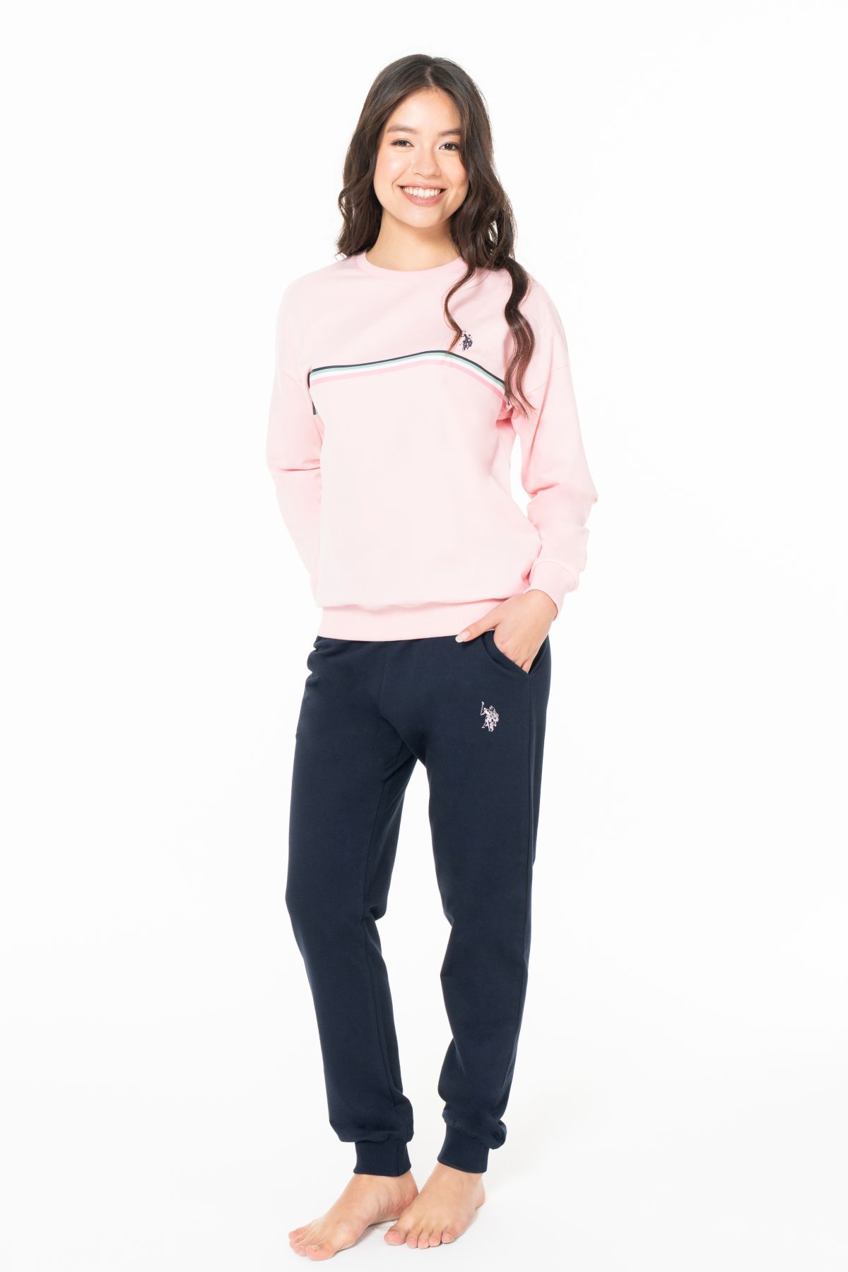 U.s Polo Assn. 20121 Kadın Uzun Kollu Bisiklet Yaka Paçası Bantlı Rahat Ev Giyim-Pembe