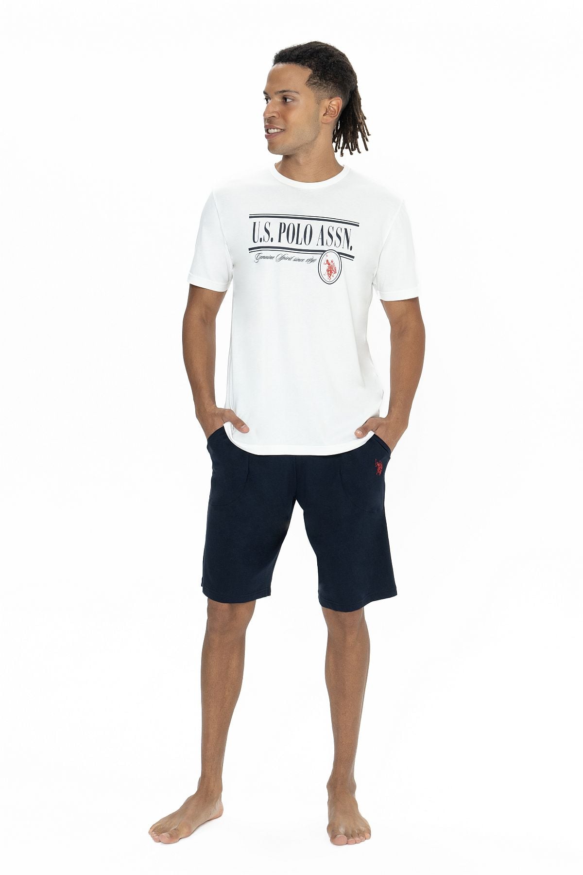 U.s Polo Assn. 18874 Erkek Kısa Kollu Bisiklet Yaka Şortlu Pijama Takımı-Ekru