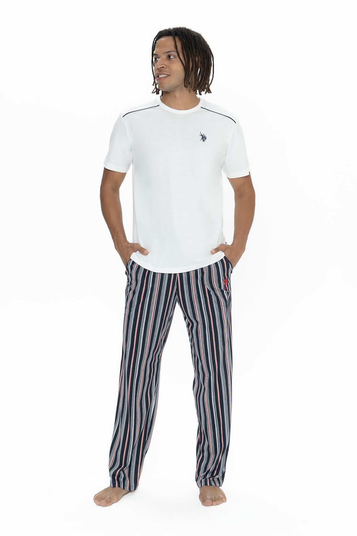 U.s Polo Assn. 18905 Erkek Kısa Kollu Bisiklet Yaka 3lü Pijama Takımı-Ekru