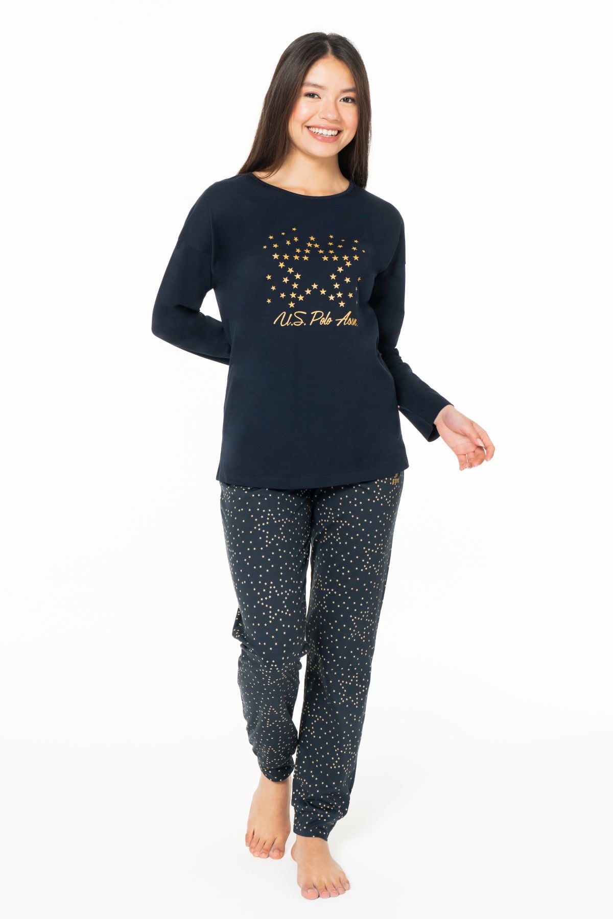U.s Polo Assn. 20163 Kadın Uzun Kollu Bisiklet Yaka Paçası Bantlı Pijama Takım-Lacivert