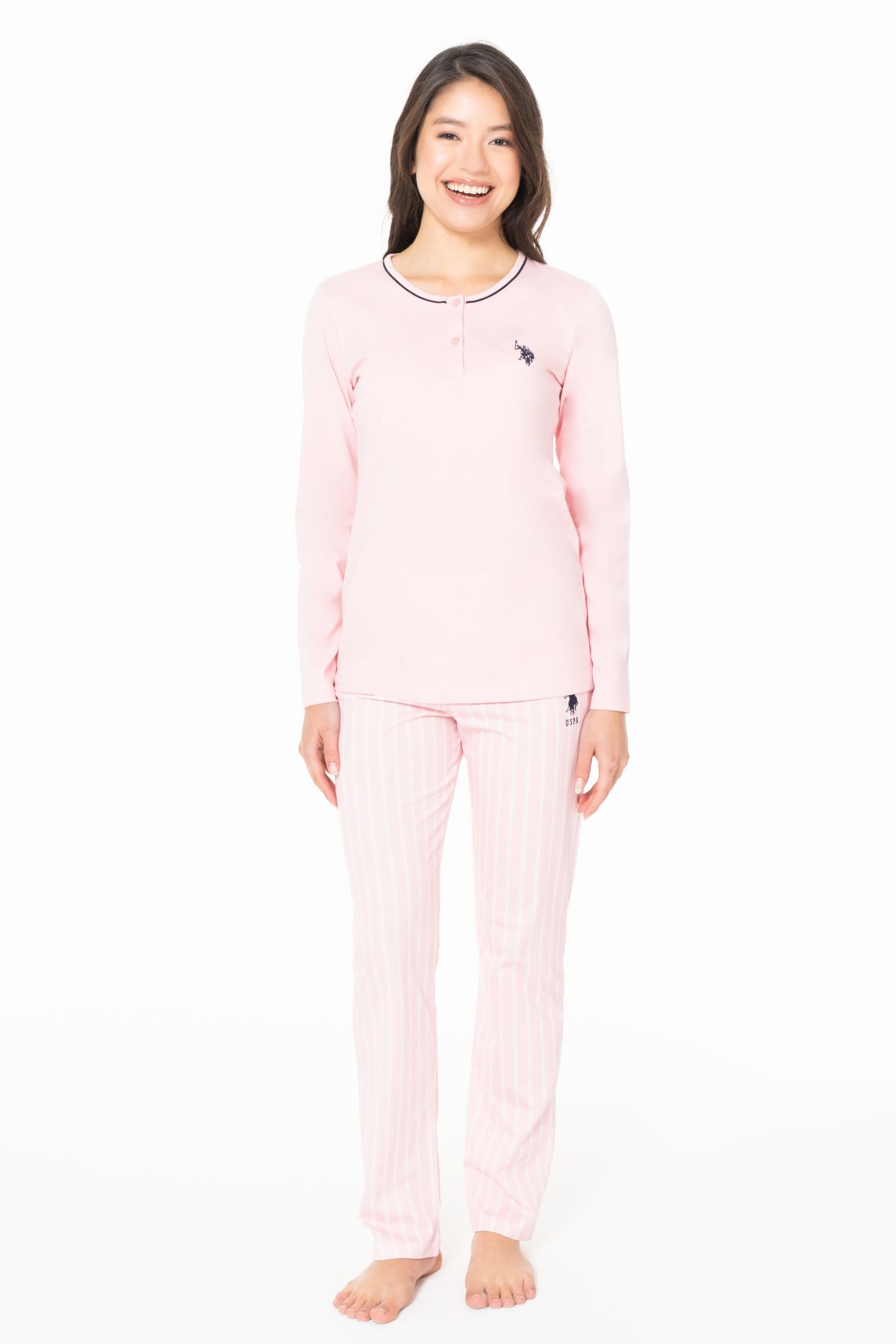 U.s Polo Assn. 20141 Kadın Uzun Kollu Düğmeli Bisiklet Yaka Pijama Takımı-Pembe