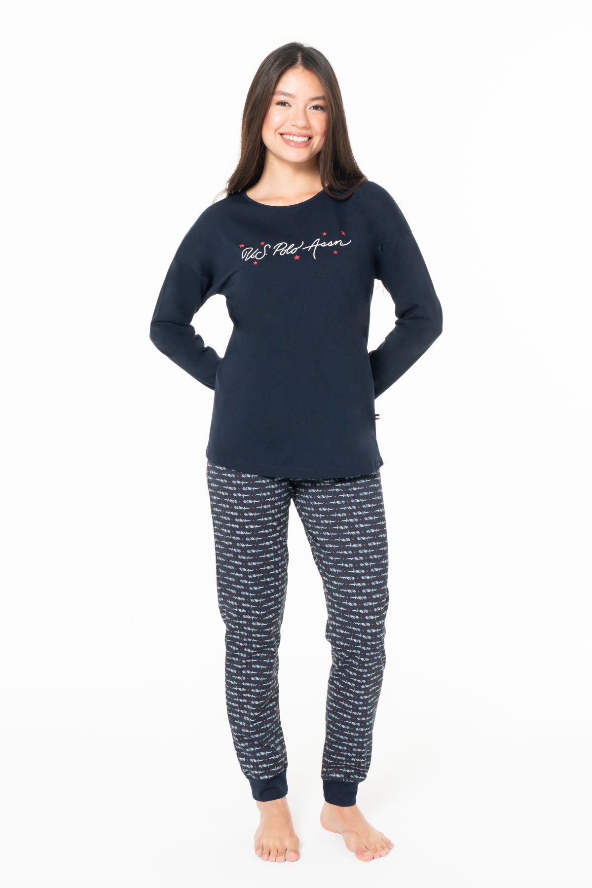 U.s Polo Assn. 20147 Kadın Uzun Kollu Bisiklet Yaka Paçası Bantlı Pijama Takım-Lacivert