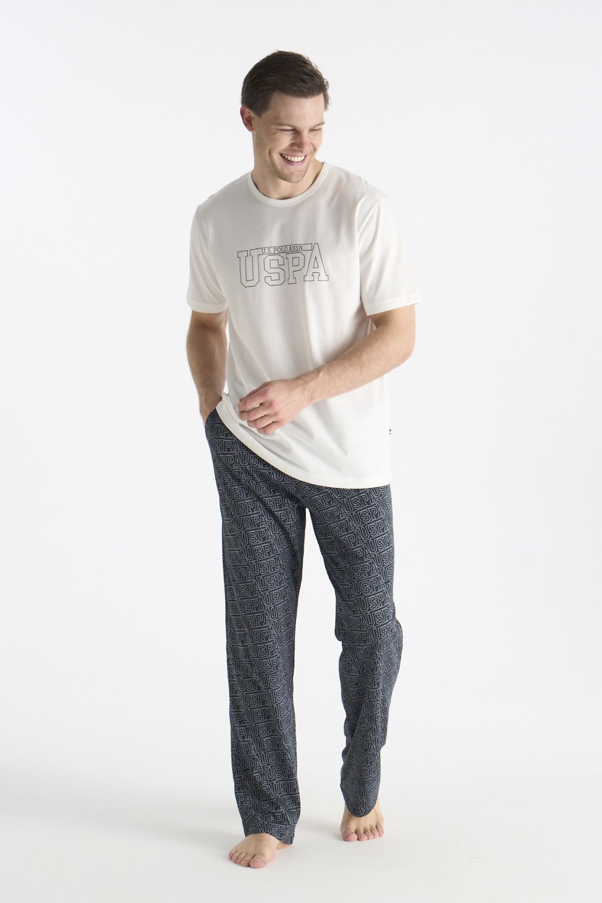 U.s Polo Assn. 19049 Erkek Bisiklet Yaka Kısa Kollu Pijama Takımı-Ekru