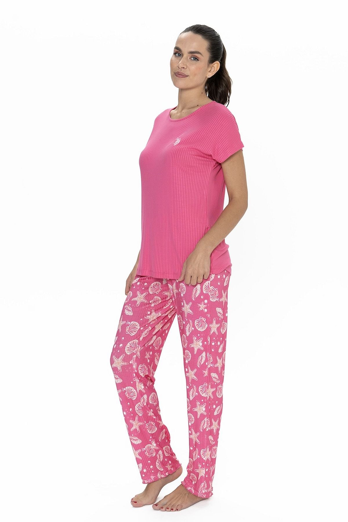 U.s Polo Assn. 20105 Kadın Kısa Kollu Bisiklet Yaka Pijama Takımı-Fuşya