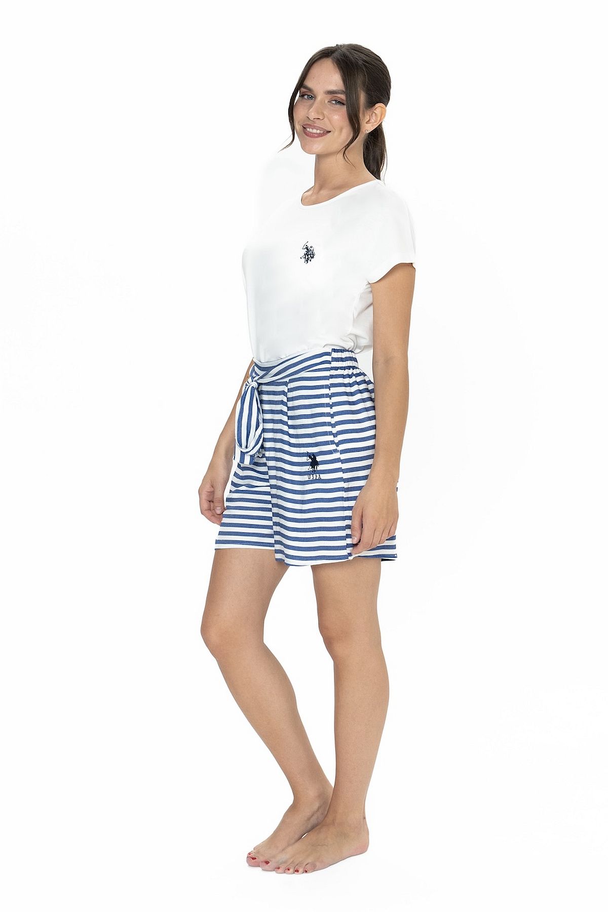 U.s Polo Assn. 20034 Kadın Kısa Kollu Bisiklet Yaka Şortlu Pijama Takımı-Ekru