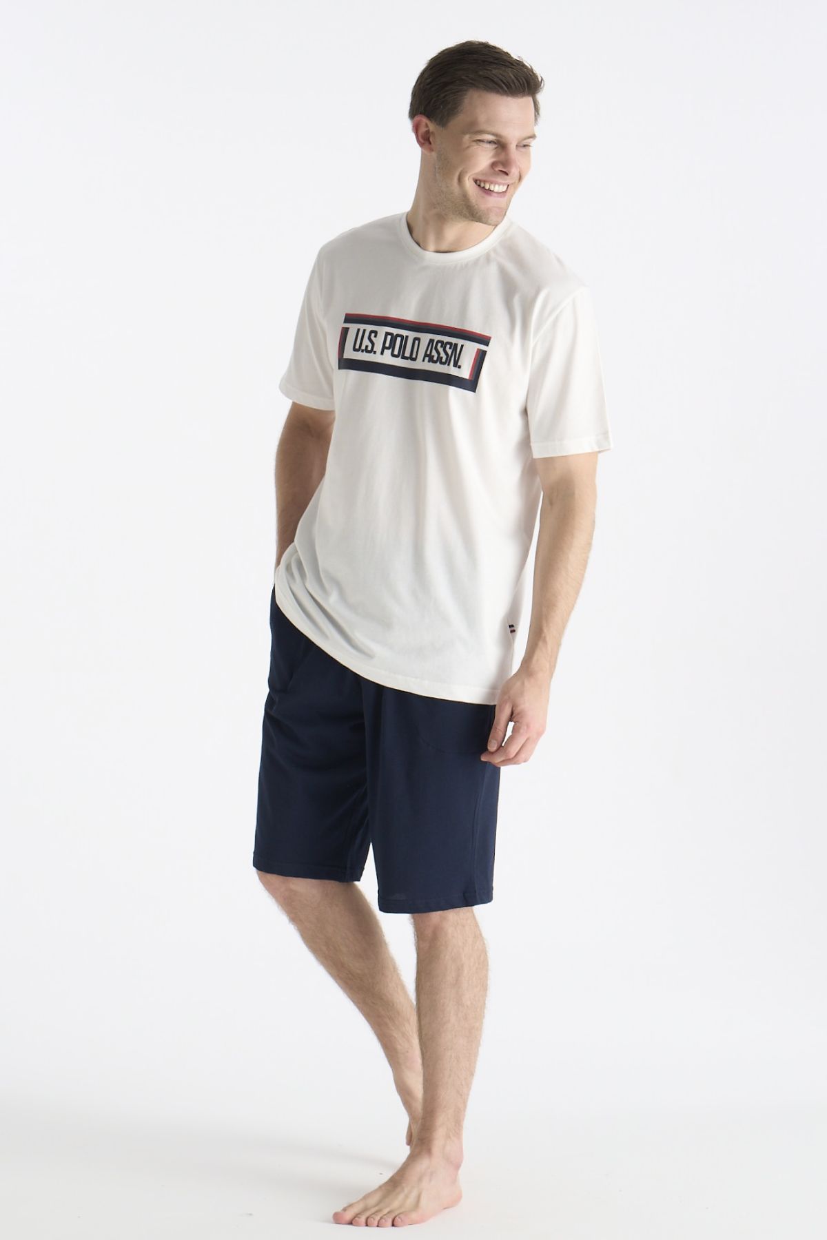 U.s Polo Assn. 19006 Erkek Kısa Kollu Şortlu Pijama Takımı-Ekru