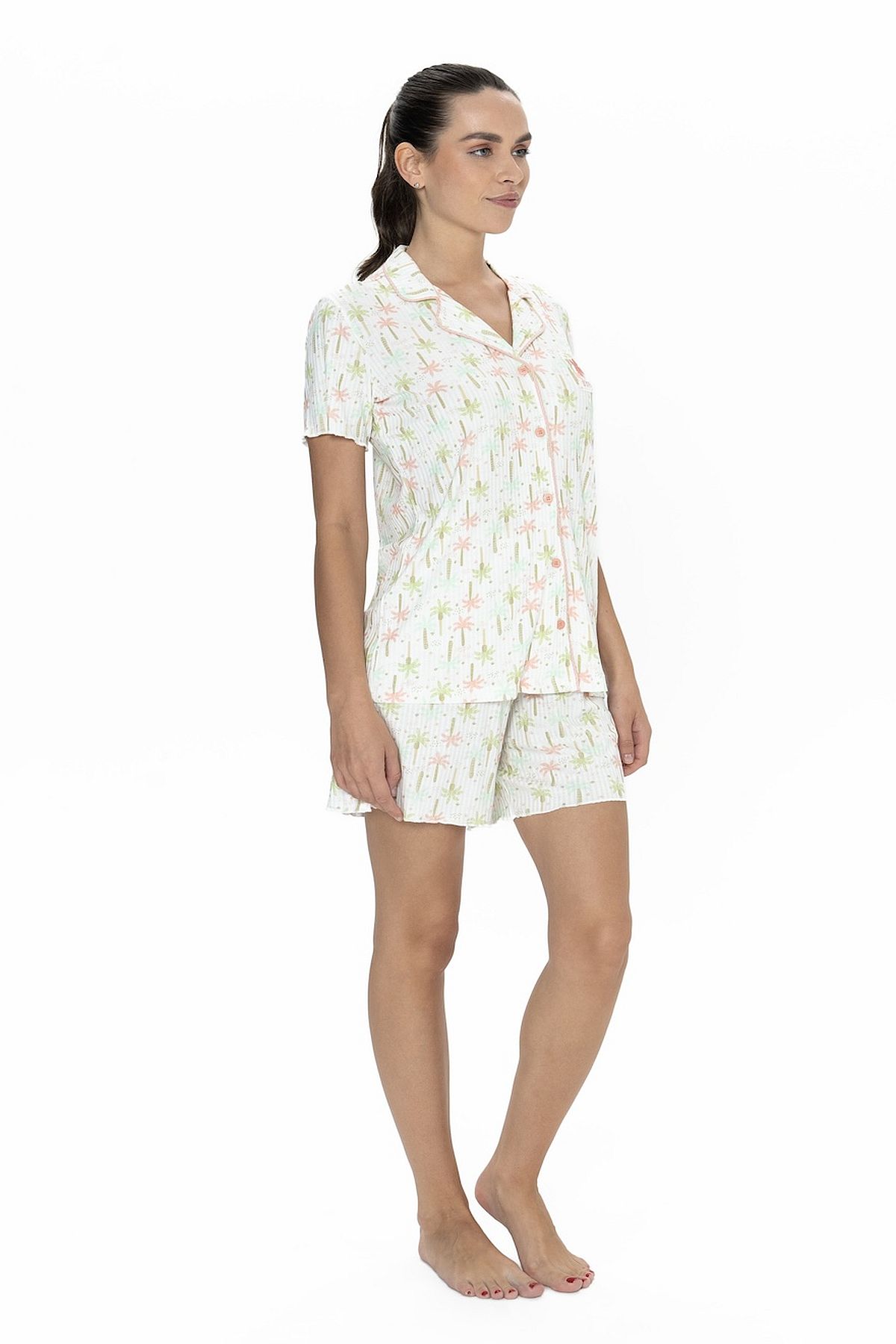 U.s Polo Assn. 20081 Kadın Kısa Kollu Şortlu Gömlek Pijama Takım-Ekru