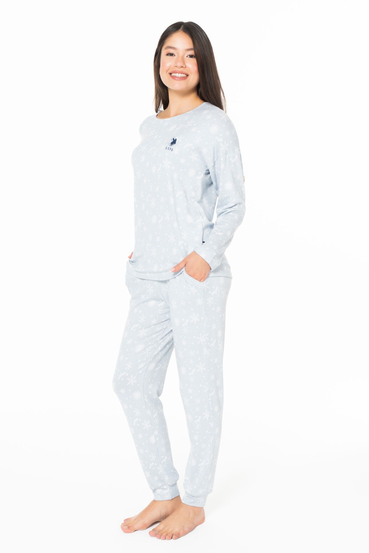 U.s Polo Assn. 20152 Kadın Uzun Kollu Bisiklet Yaka Pijama Takımı-Mavi