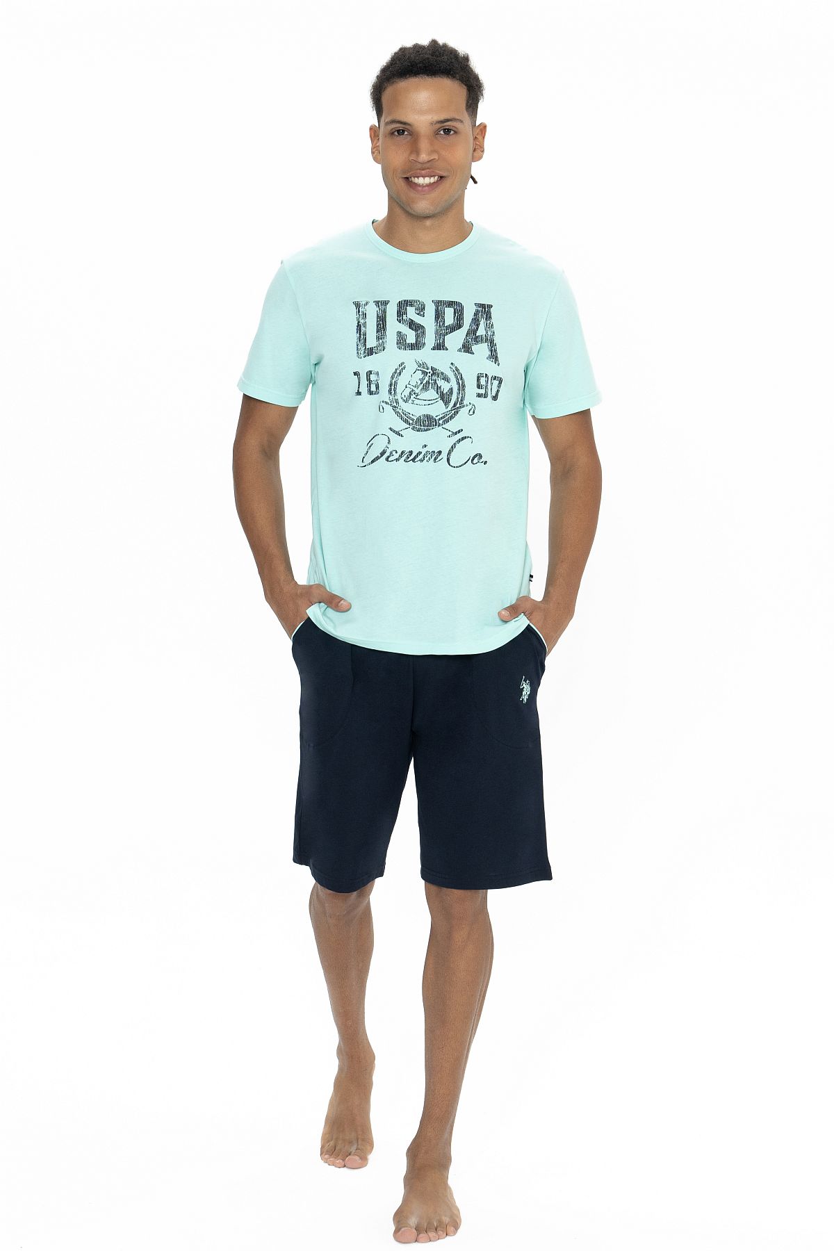 U.s Polo Assn. 18877 Erkek Kısa Kollu Bisiklet Yaka Şortlu Pijama Takımı-Yeşil