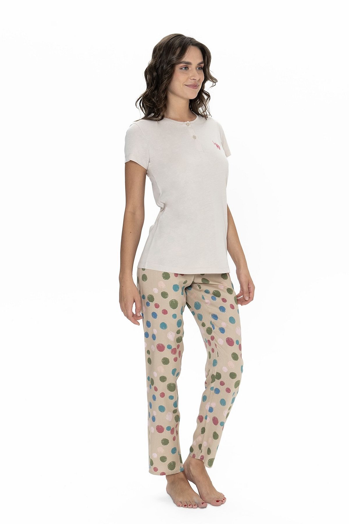 U.s Polo Assn. 20094 Kadın Kısa Kollu Yakası Yarım Düğmeli Pijama Takımı-Bej