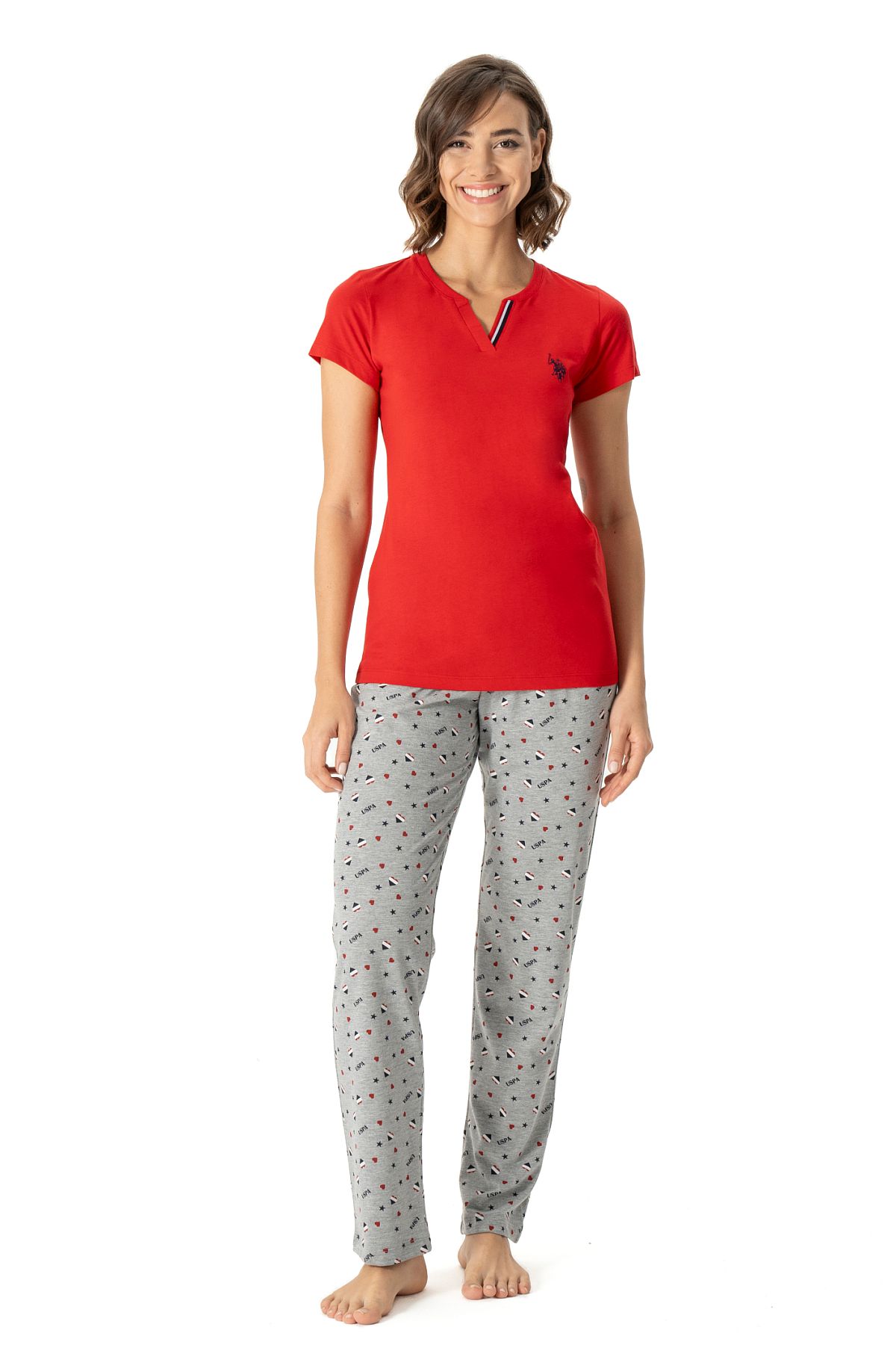 U.s Polo Assn. 17004 Kadın Kısa Kollu V Yaka Pijama Takımı-Kırmızı