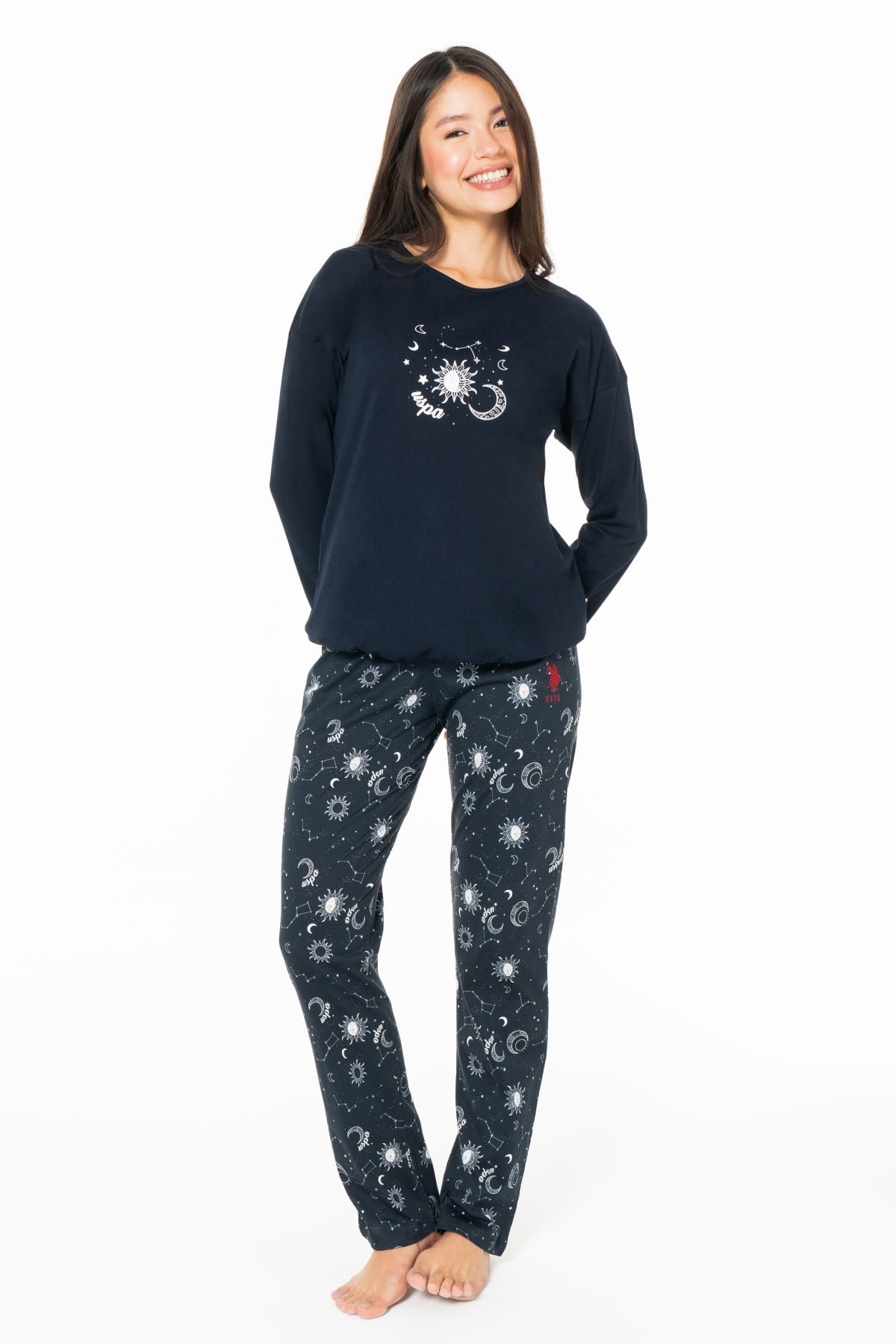 U.s Polo Assn. 20155 Kadın Uzun Kollu Bisiklet Yaka Pijama Takımı-Lacivert