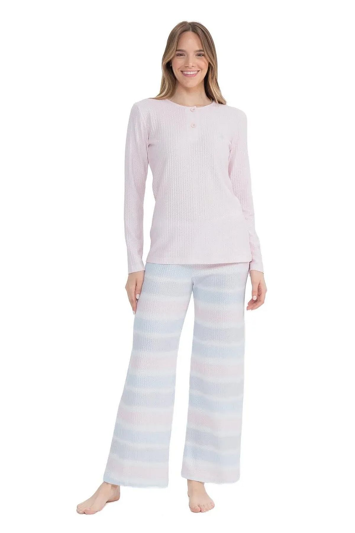 U.s Polo Assn. 17096 Kadın Delikli Polar Waffle Kumaş  Uzun Kollu Geniş Paça Pijama Takım-Pembe