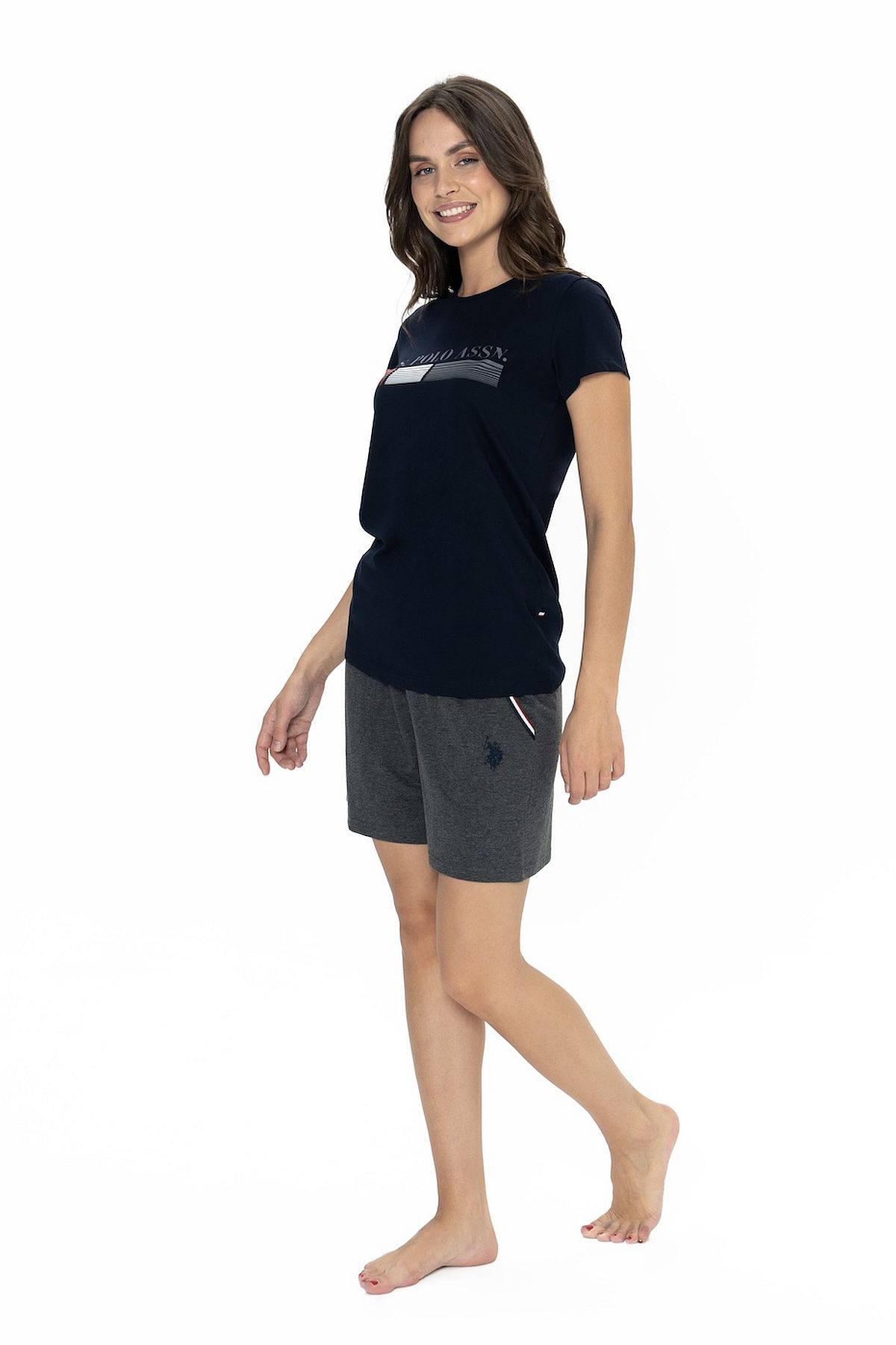 U.s Polo Assn. 20004 Kadın Kısa Kollu Bisiklet Yaka Şortlu Pijama Takımı-Lacivert