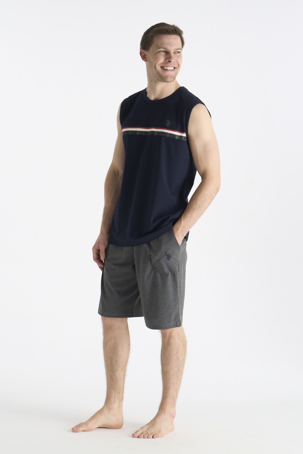 U.s Polo Assn. 19020 Erkek Kolsuz Bisiklet Yaka Şortlu Pijama Takımı-Lacivert