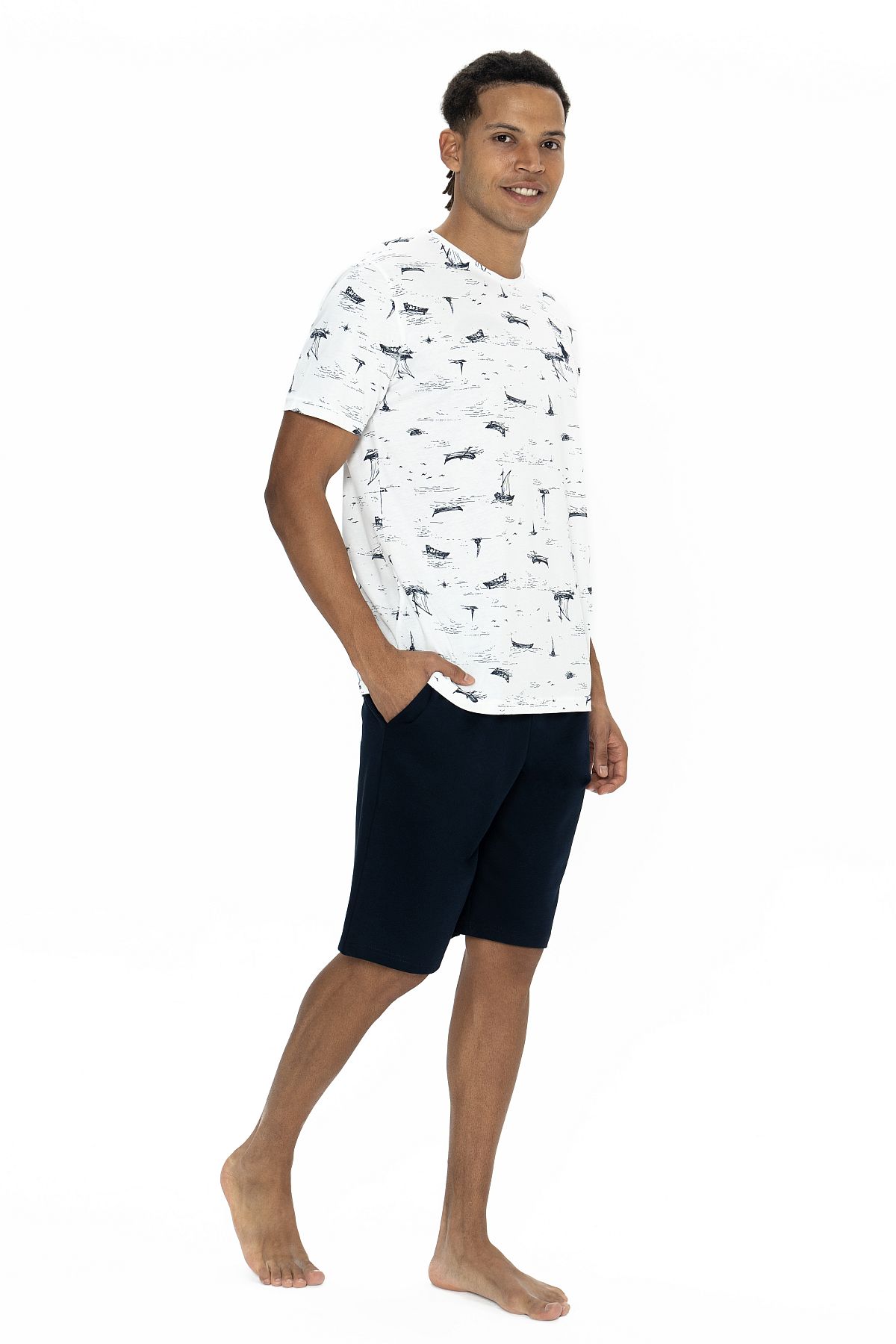 U.s Polo Assn. 18879 Erkek Kısa Kollu Bisiklet Yaka Şortlu Pijama Takımı-Ekru