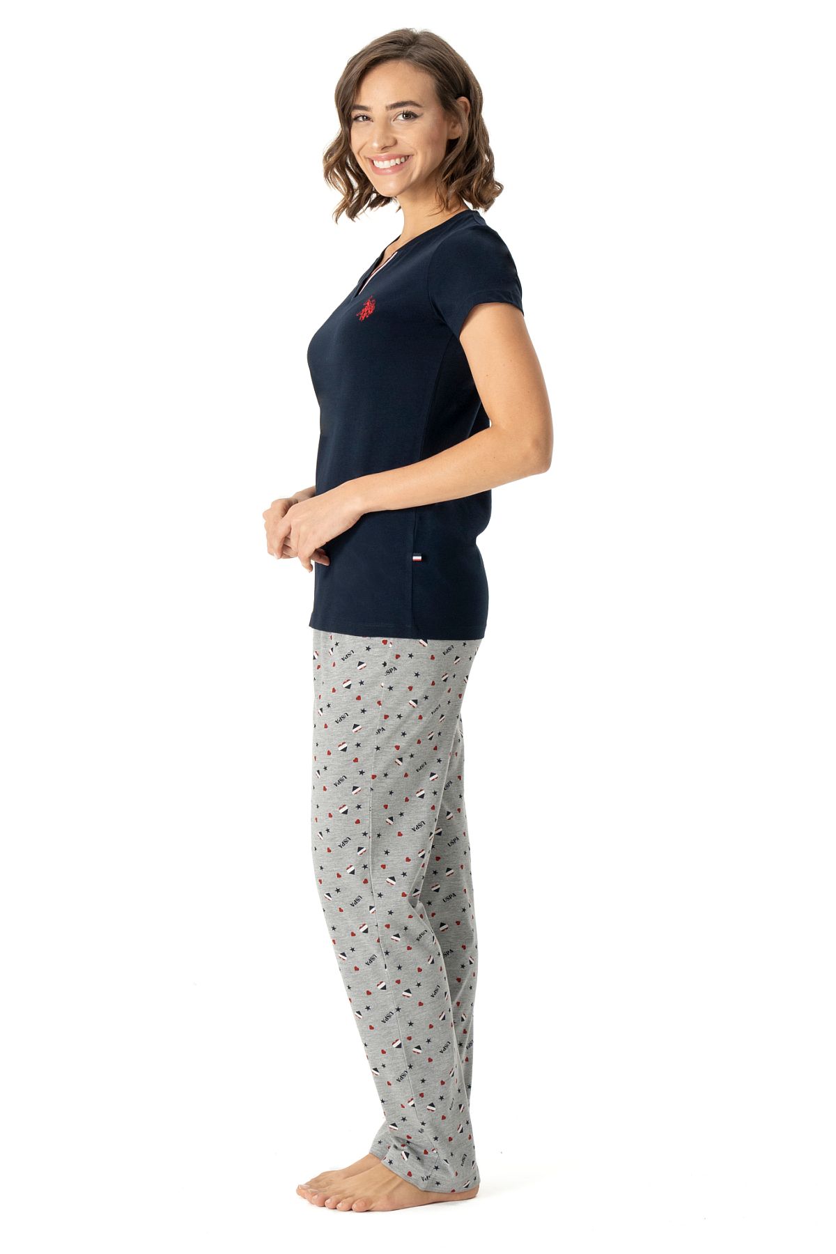 U.s Polo Assn. 17004 Kadın Kısa Kollu V Yaka Pijama Takımı-Lacivert