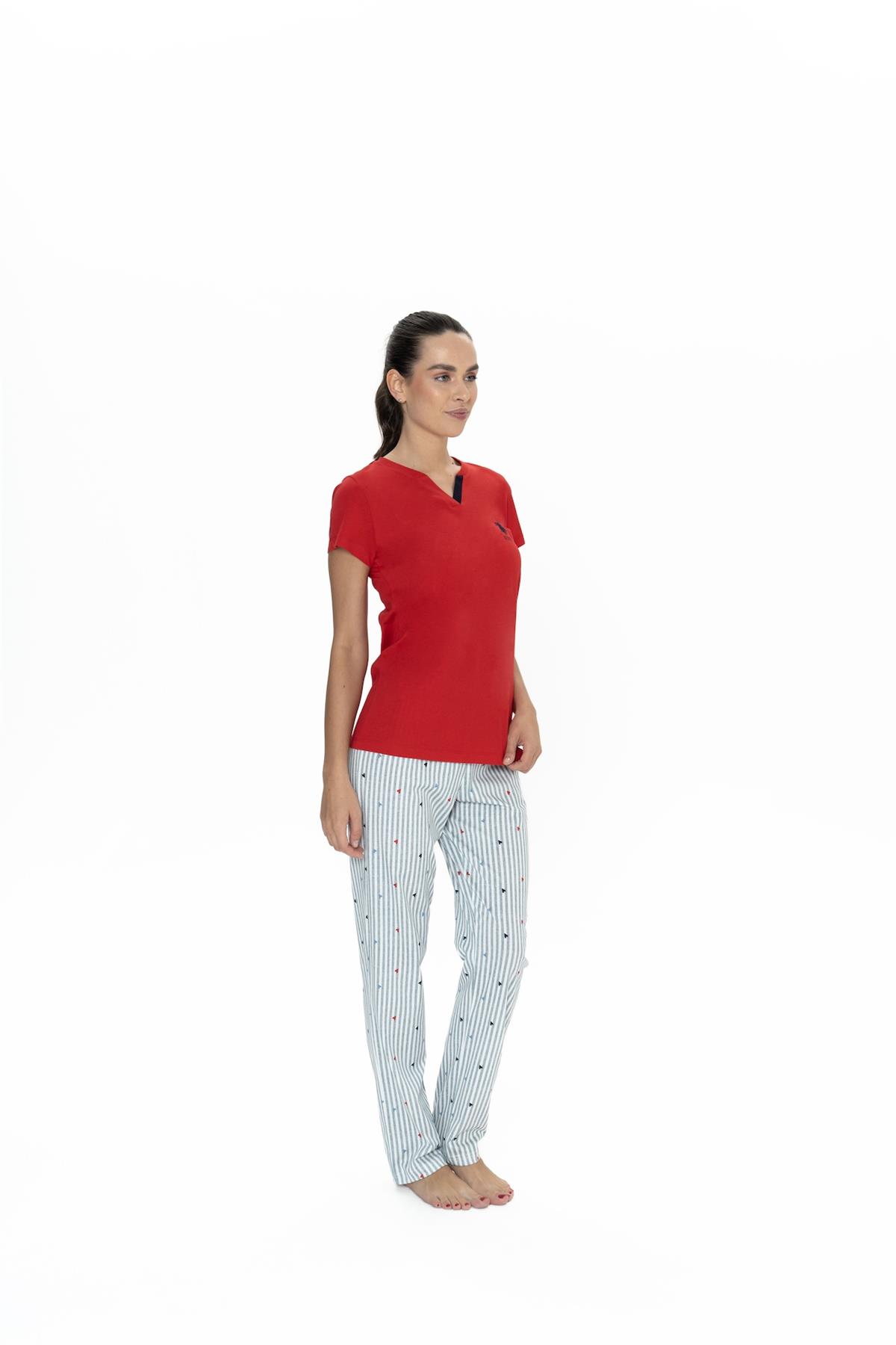 U.s Polo Assn. 20060 Kadın Kısa Kollu V Yaka Pijama Takımı-Kırmızı